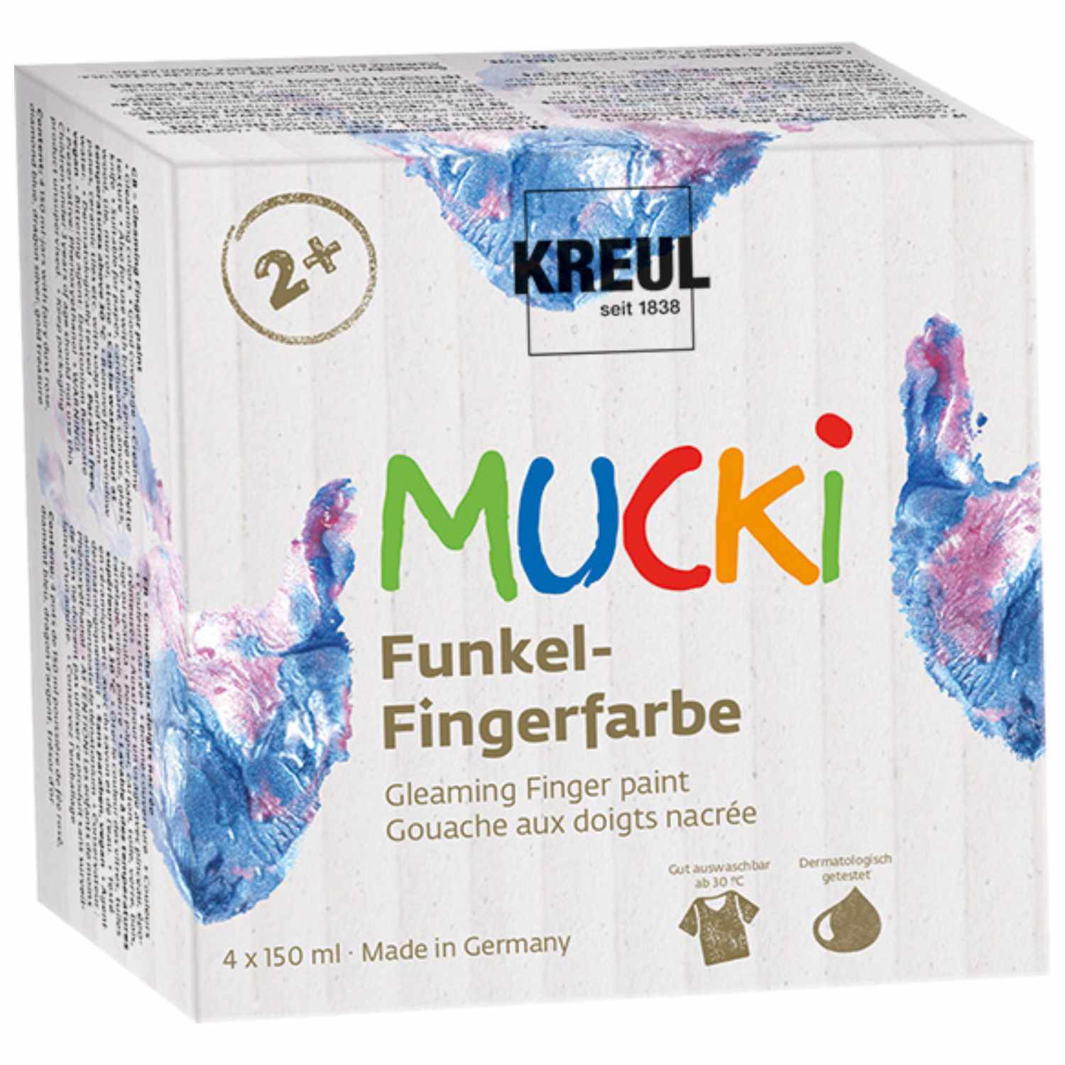 MUCKI Funkel-Fingerfarbe von KREUL, ideal für kreative Kinder. Enthält vier leuchtende Farben in einer ansprechenden Verpackung.