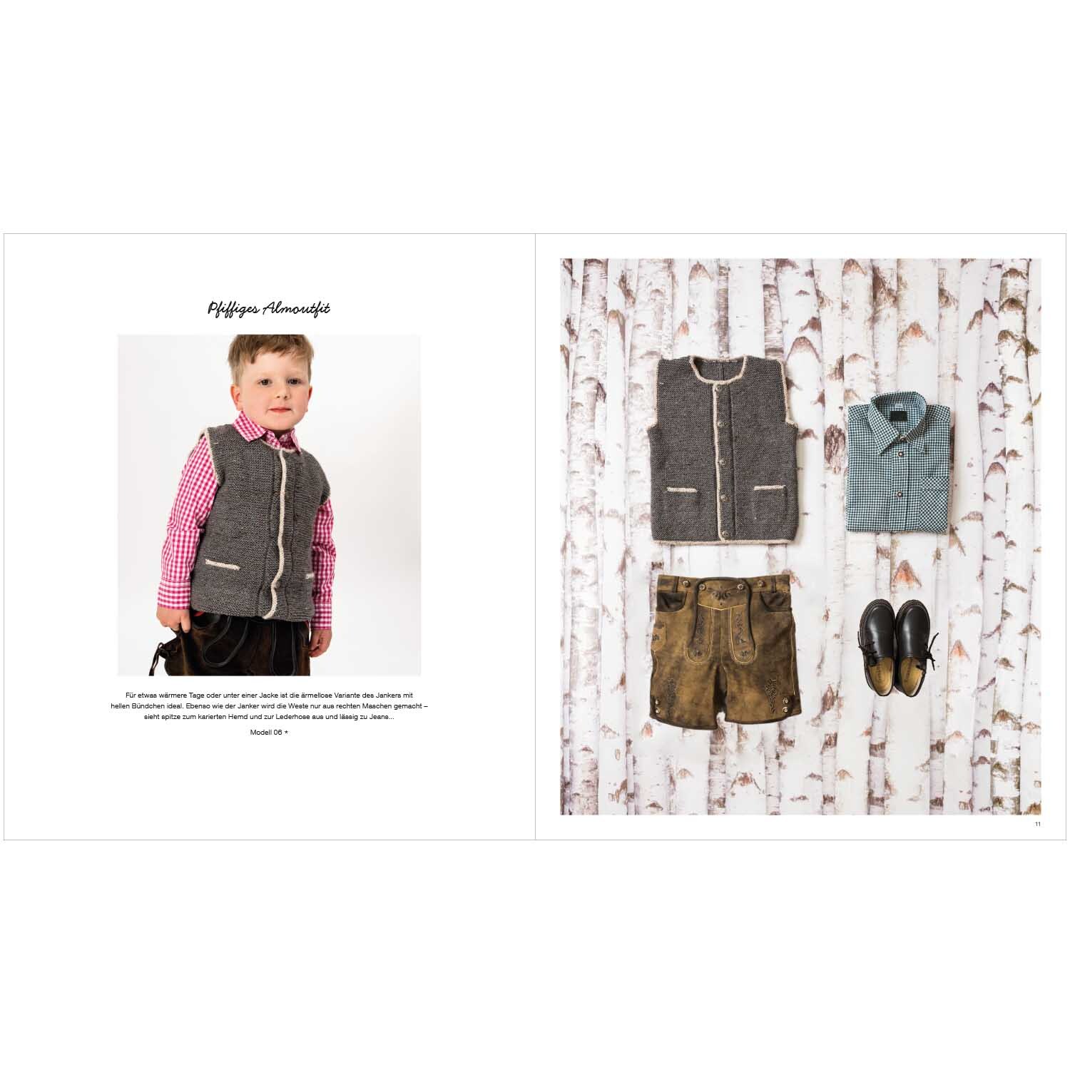 Trachtenbuch Alpine Knits zeigt traditionelle Kindertrachten mit grauer Weste, Hemd und Lederhose.