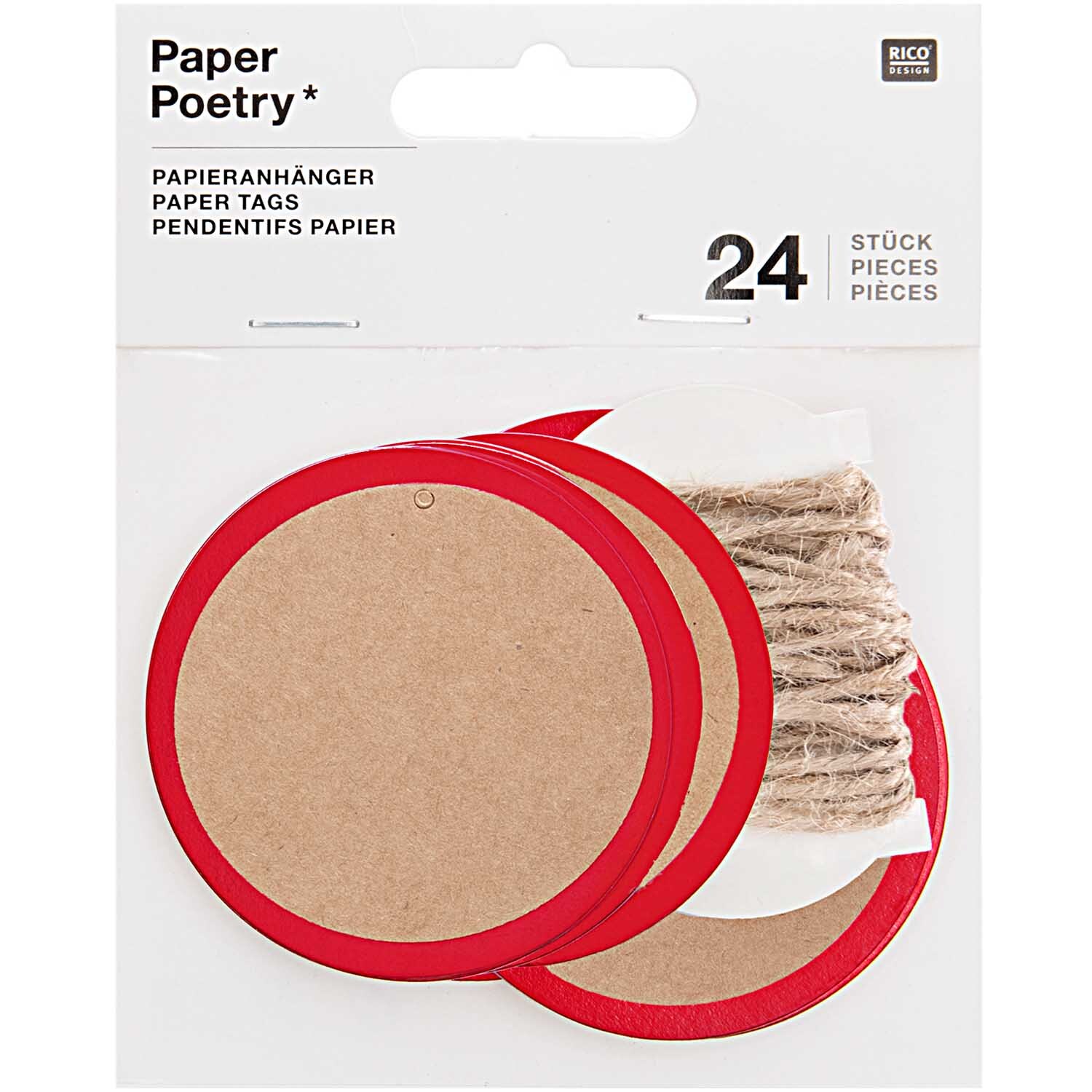 Paper Poetry Papieranhänger Kreis mit Hot Foil, 24 Stück, aus Kraftpapier in Rot, ideal für kreative Bastelprojekte.