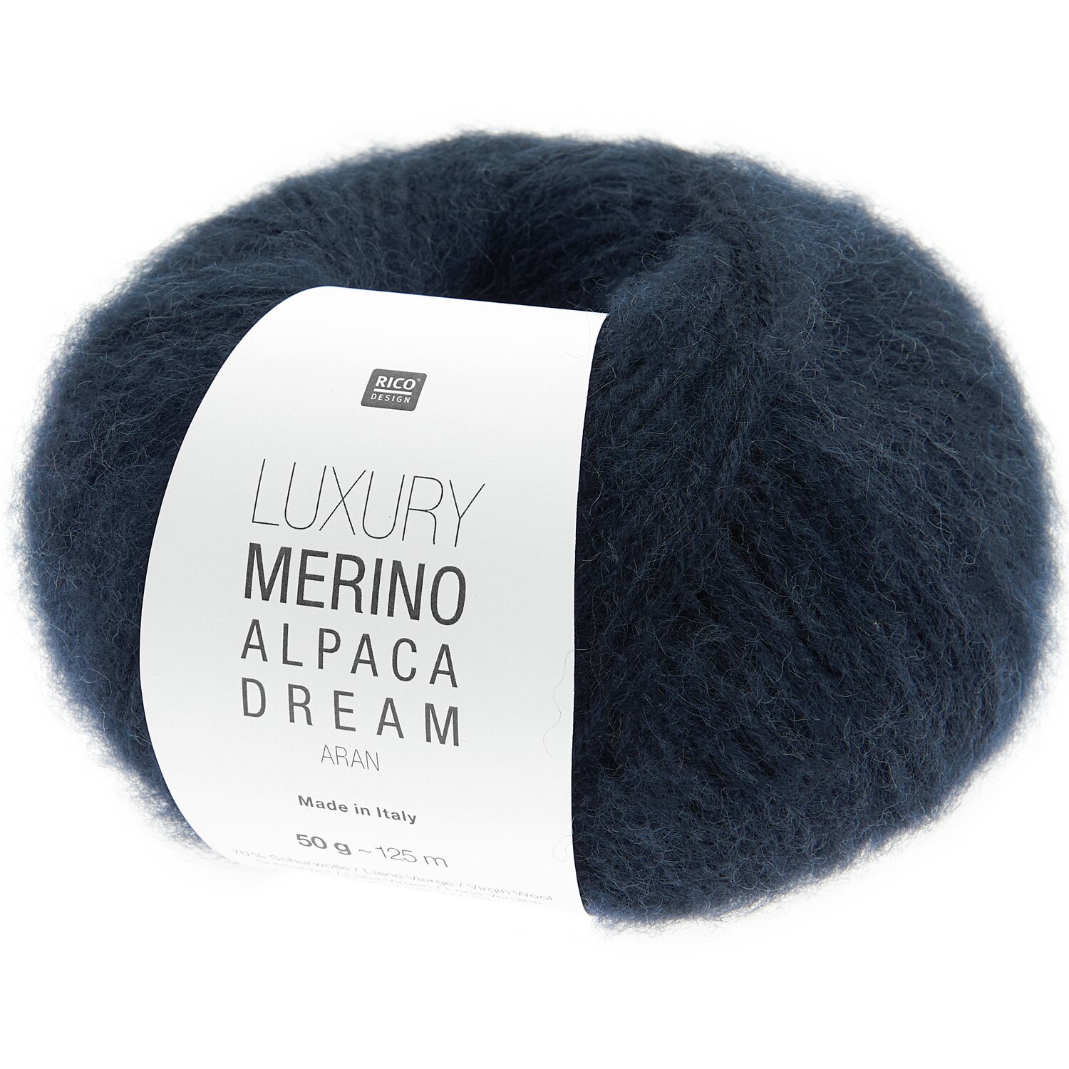 Luxury Merino Alpaca Dream aran Wolle in Marine von Rico Design, 50g Knäuel, ideal für Strickprojekte.