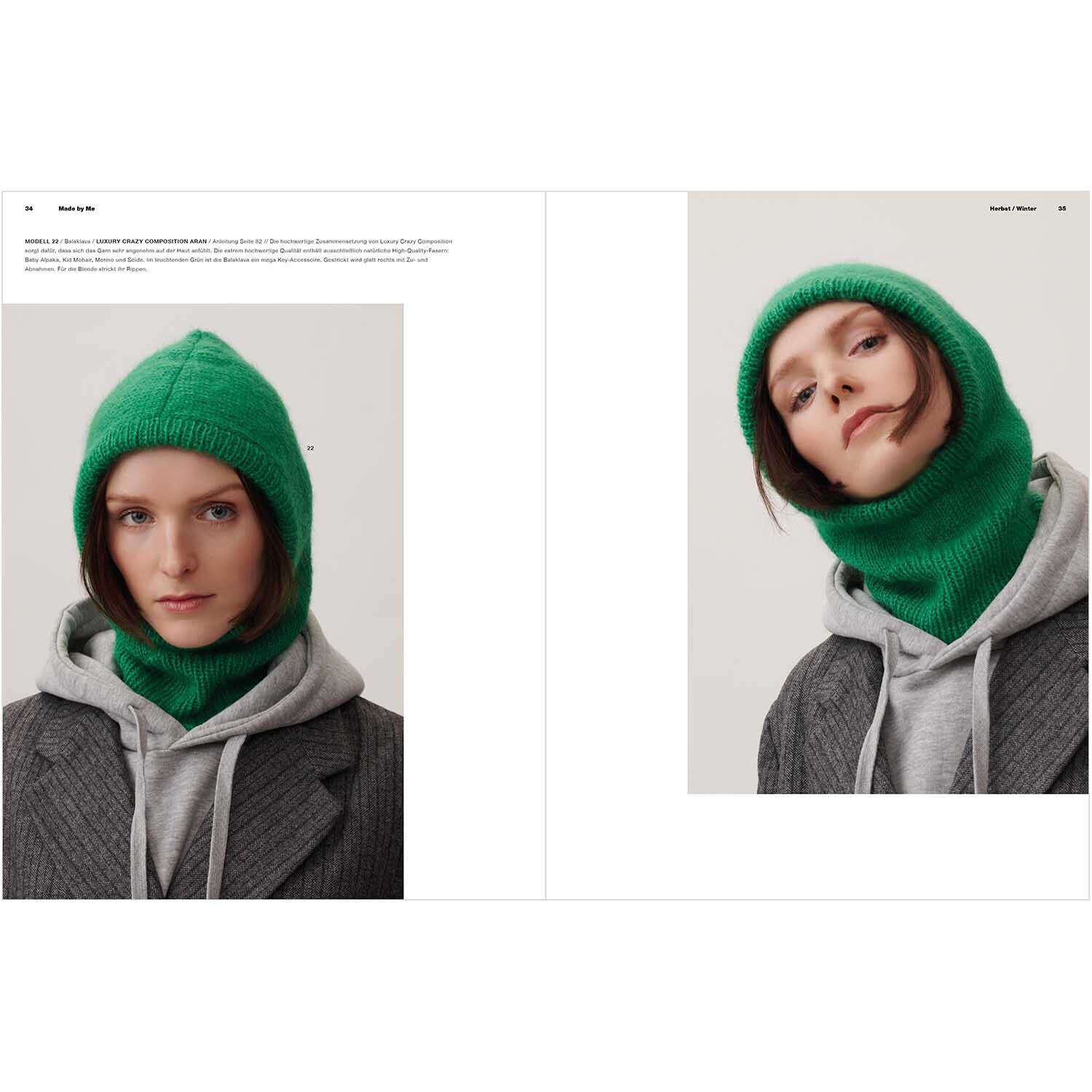 Made by Me Handknitting Nr.13 Herbst-Winter zeigt ein Modell in grüner Strickmütze und grauem Hoodie von Rico Design.