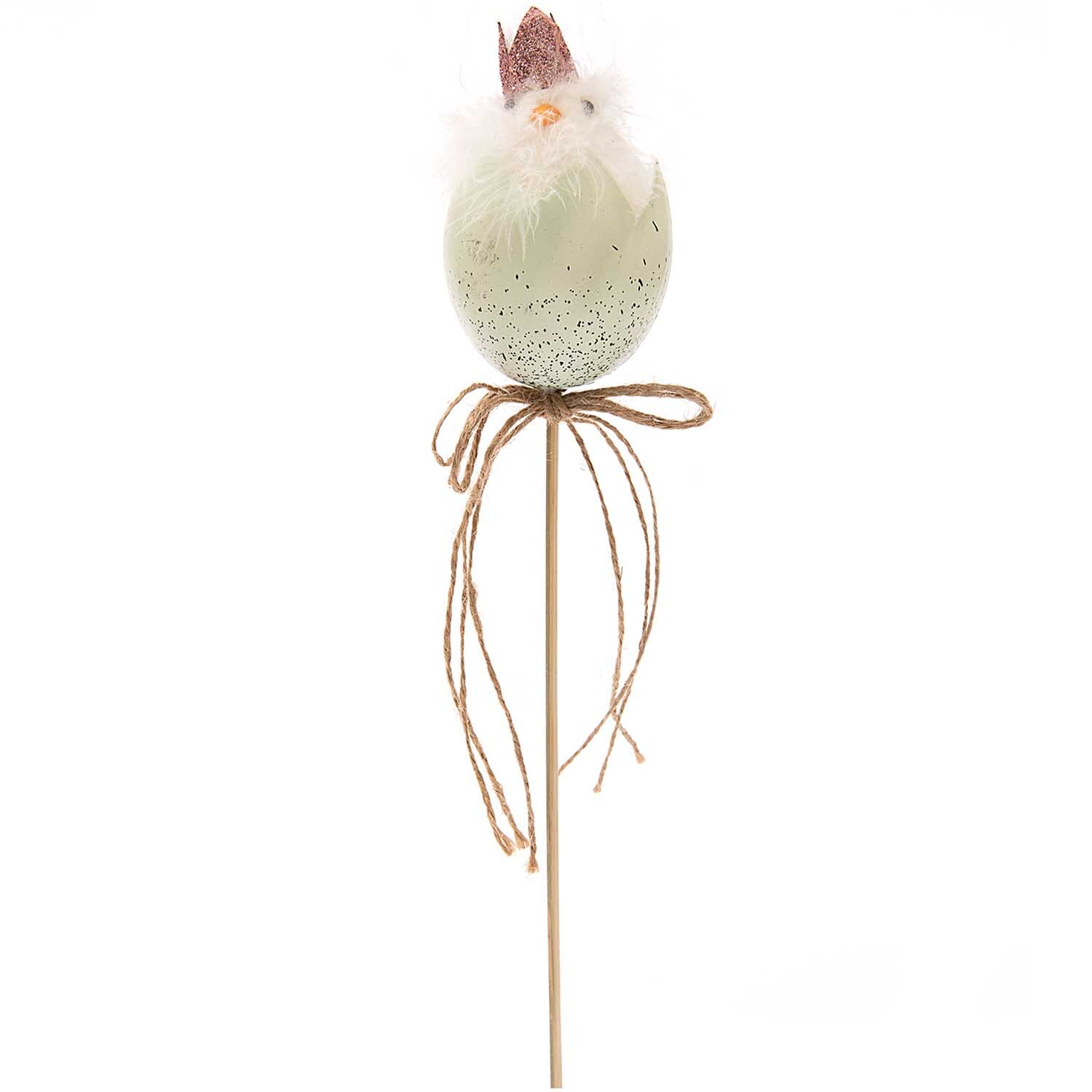 Pick Küken 30cm: Dekoratives Küken in mintfarbenem Ei mit Schleife, ideal für Frühlingsdekorationen.