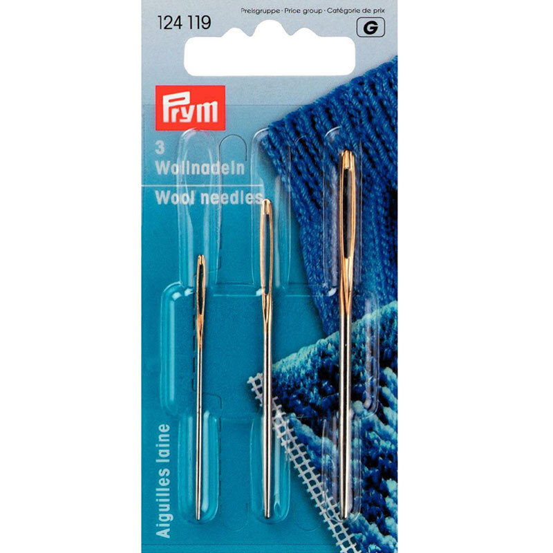 Woll-Smyrnanadeln silber 3 Stück von Prym, abgebildet in einer blauen Verpackung mit goldenen und silbernen Nadeln.