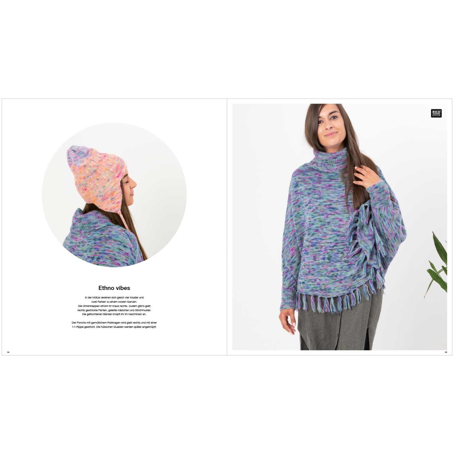 Luxury Hand-Dyed Happiness Special: Frau trägt gestrickten Pullover und Mütze in bunten Farben von Rico Design.