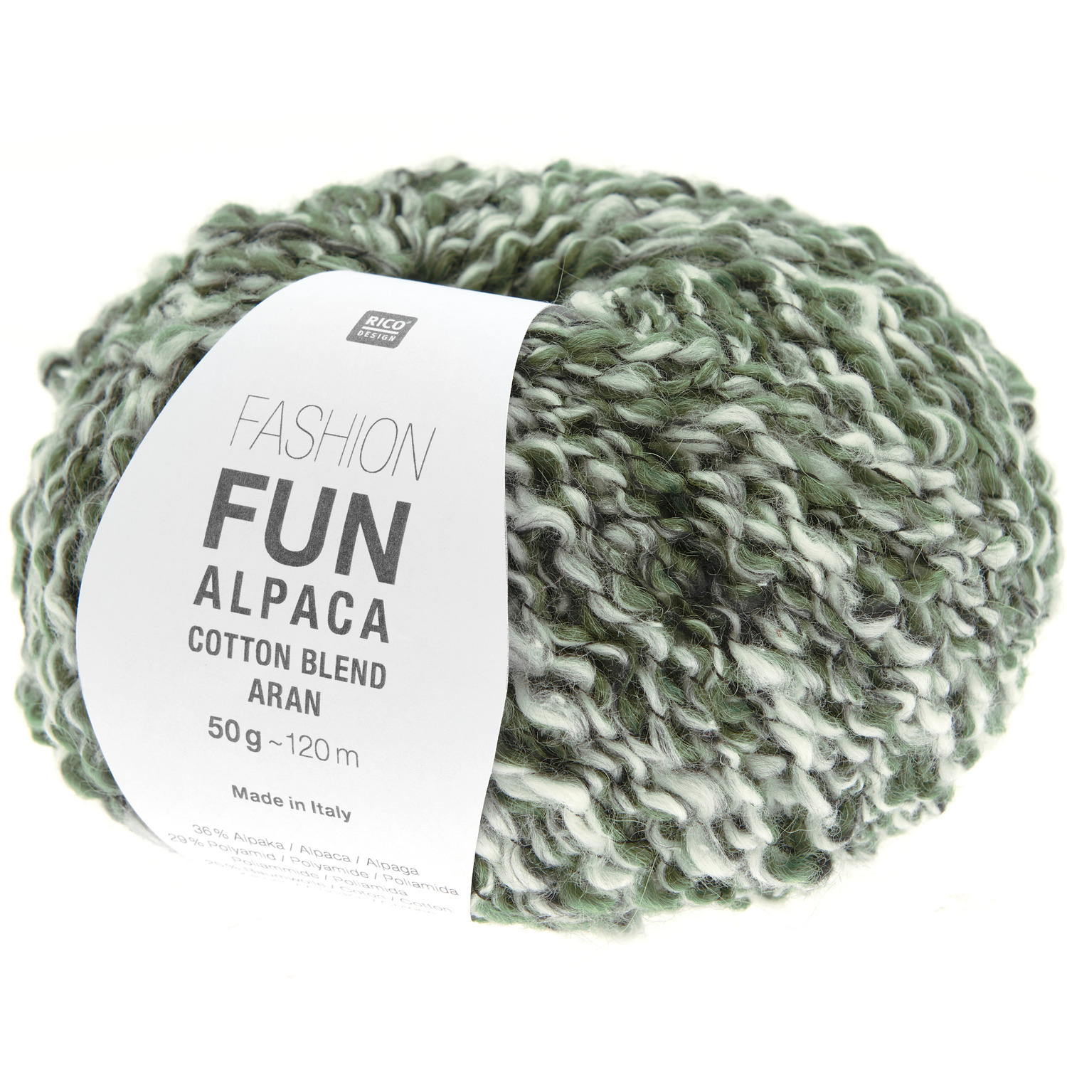 Rico Design Fun Alpaka Cotton Blend aran Wolle in Oliv, ideal für Strickset Jacke Modell 37. Weiches Garn, 50g Knäuel, 120m Länge.