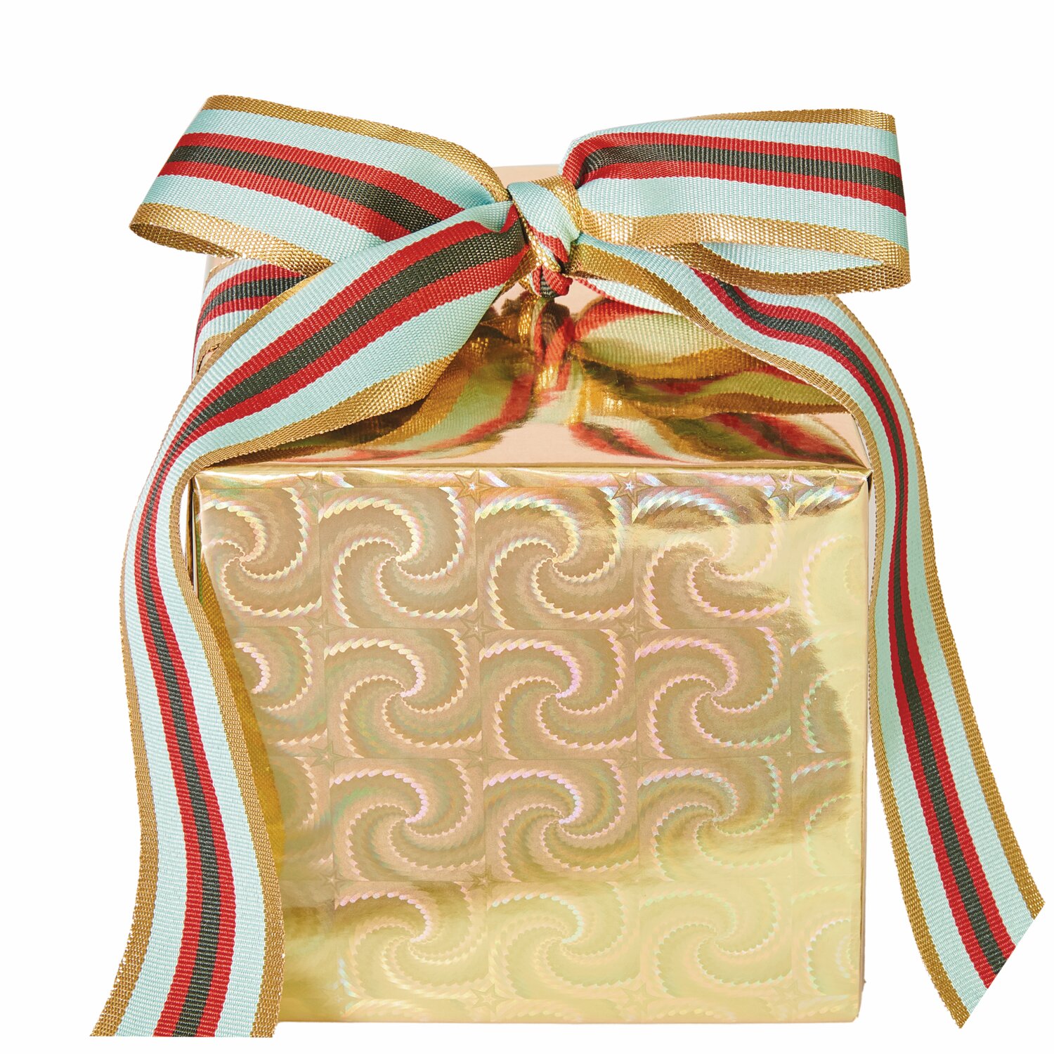 Paper Poetry Geschenkpapier holographisch mit Sternen, gold, verpackt als Geschenk mit bunter Schleife. Ideal für festliche Anlässe.