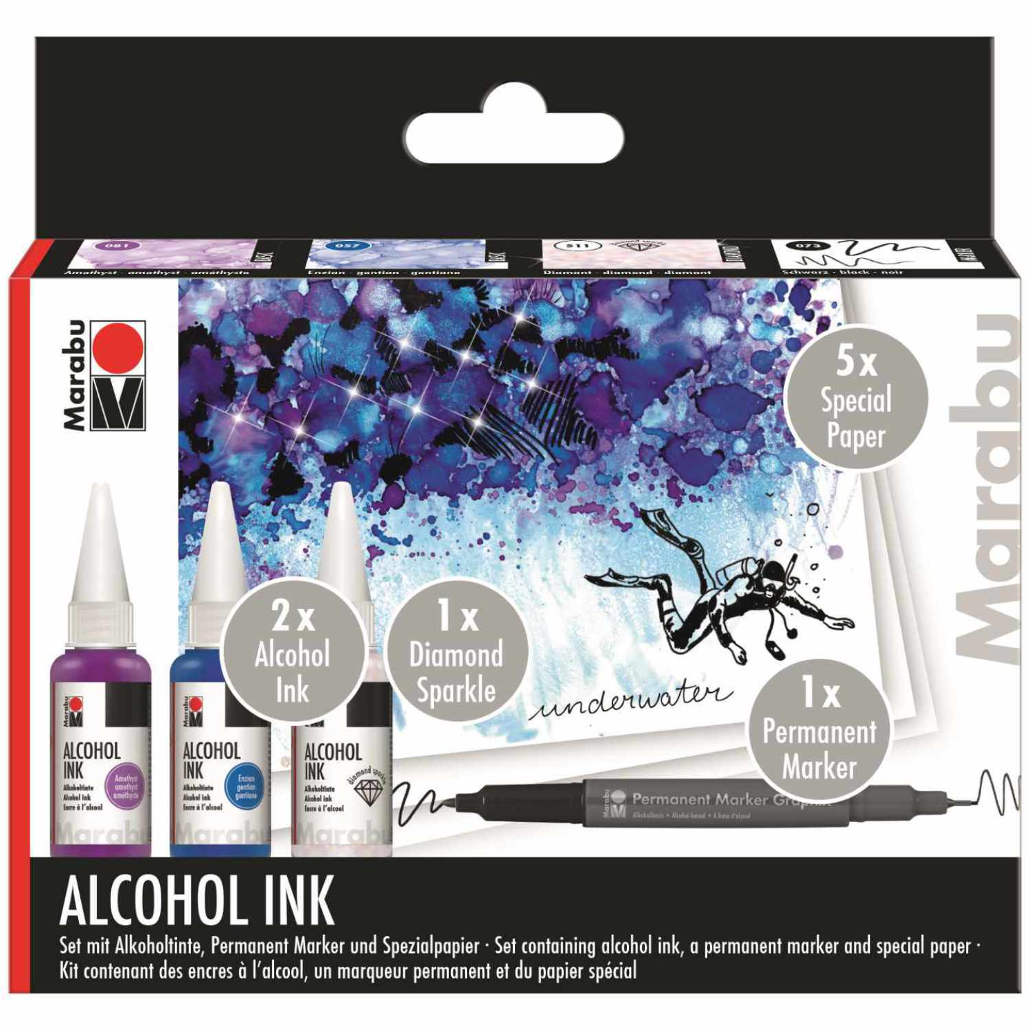 Alcohol Ink Set Underwater mit blauen Tinten von Marabu, inklusive Marker und Spezialpapier.