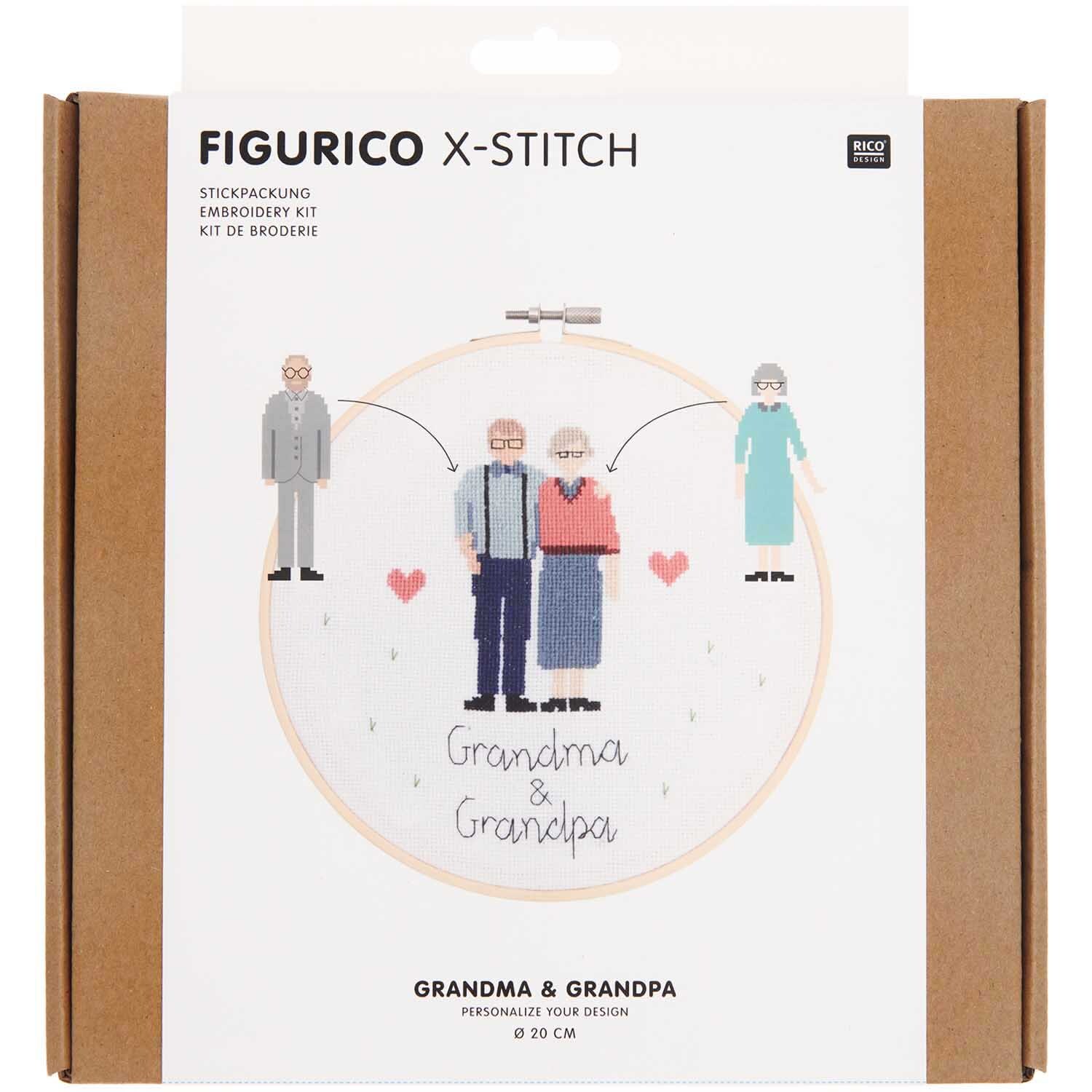 Figurico Stickpackung Grandma & Grandpa 20cm zeigt ein Stickbild älterer Personen mit Herzen.