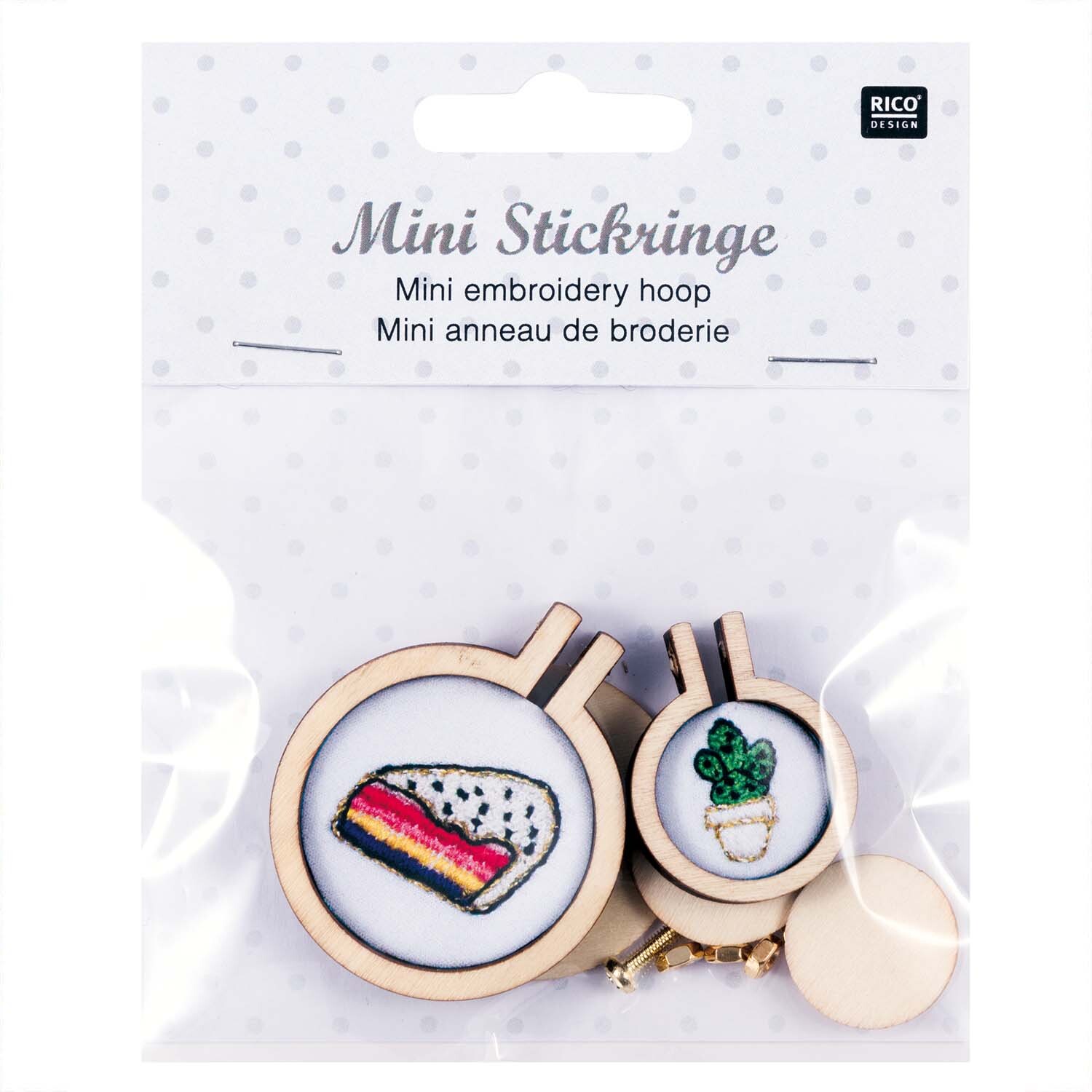 Stickringe mini rund 2 Stück von Rico Design zeigen gestickte Motive: ein Kuchen und eine Pflanze. Ideal für kreative Handarbeiten.