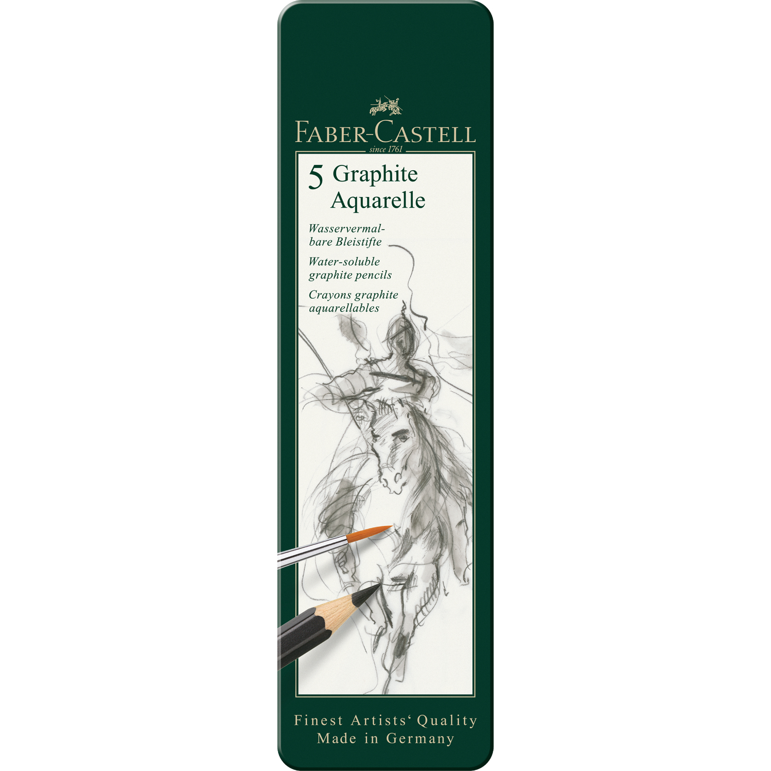 Graphite Aquarelle Künstlerbleistift im Metalletui, illustriert mit einem Künstlerbild, von Faber Castell.
