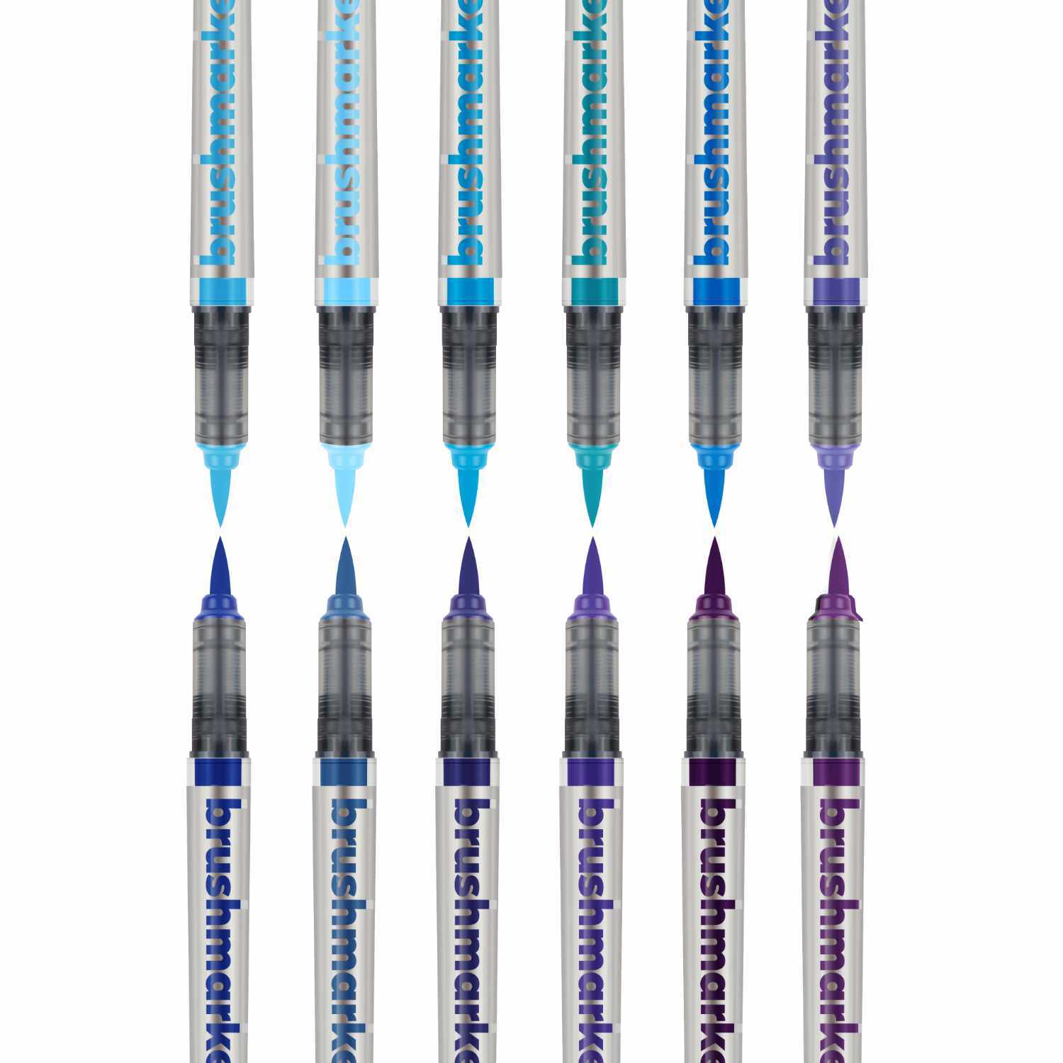 Brushmarker PRO Sky Colours Set 12 Farben zeigt zwölf Marker in Blau- und Violetttönen von Karin. Ideal für kreative Projekte.