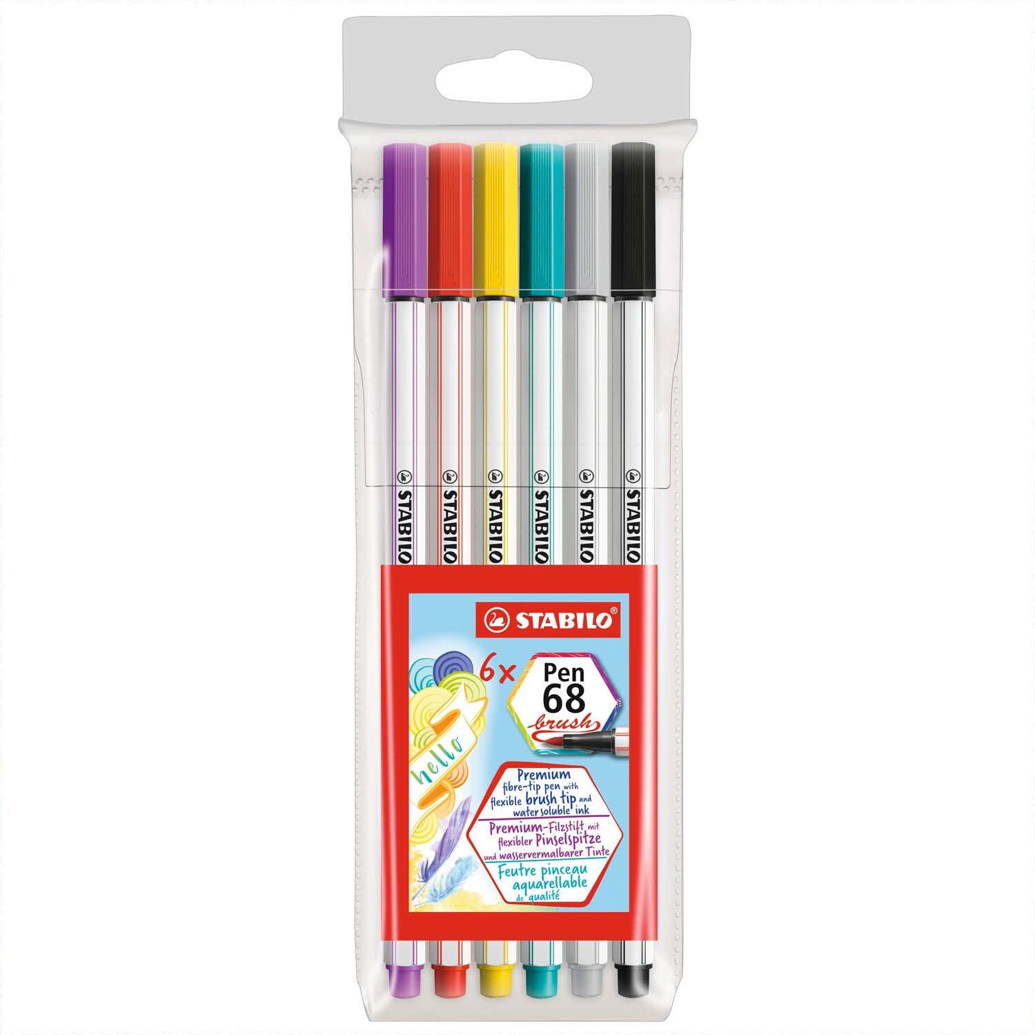 Pen 68 brush im Kunststoffetui mit sechs leuchtenden Farben von STABILO, ideal für kreative Projekte.