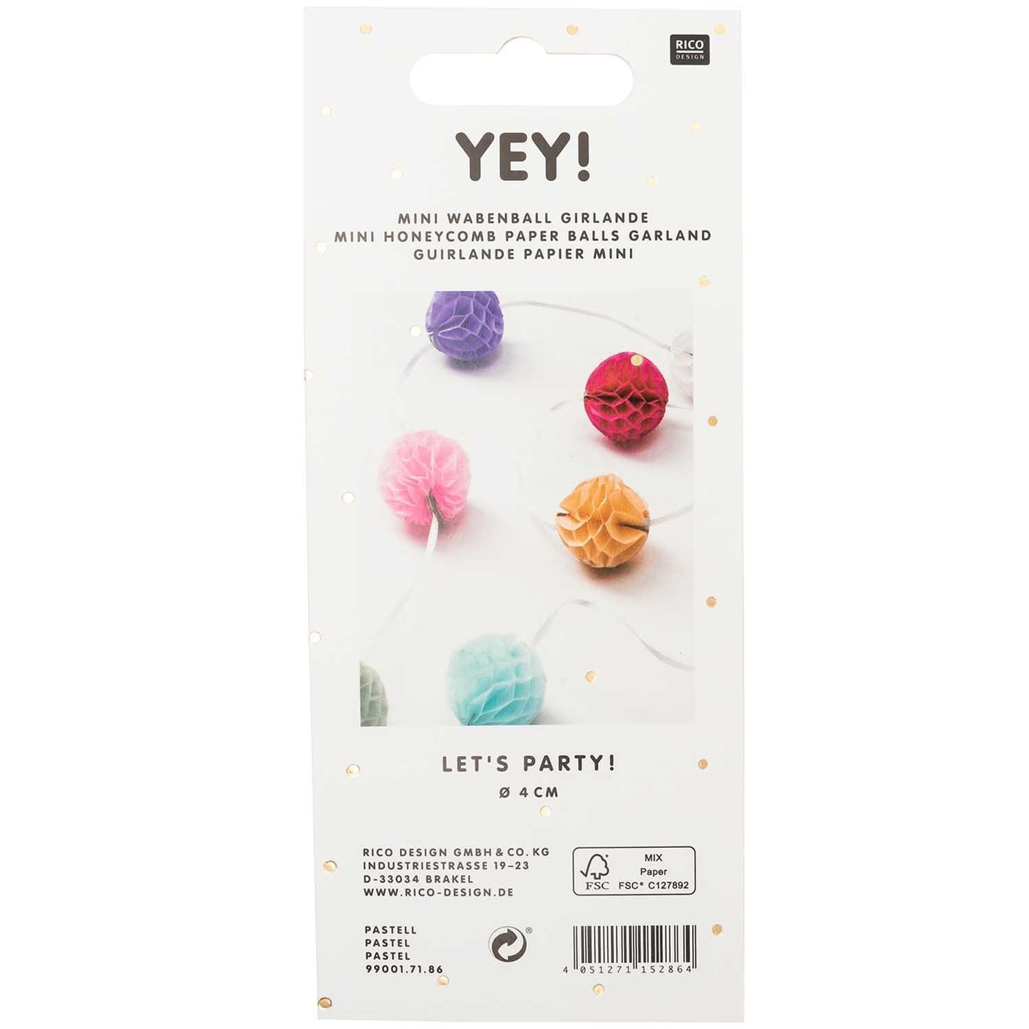Mini-Wabenballgirlande 2m in Pastellfarben von Rico Design, ideal für festliche Dekorationen.