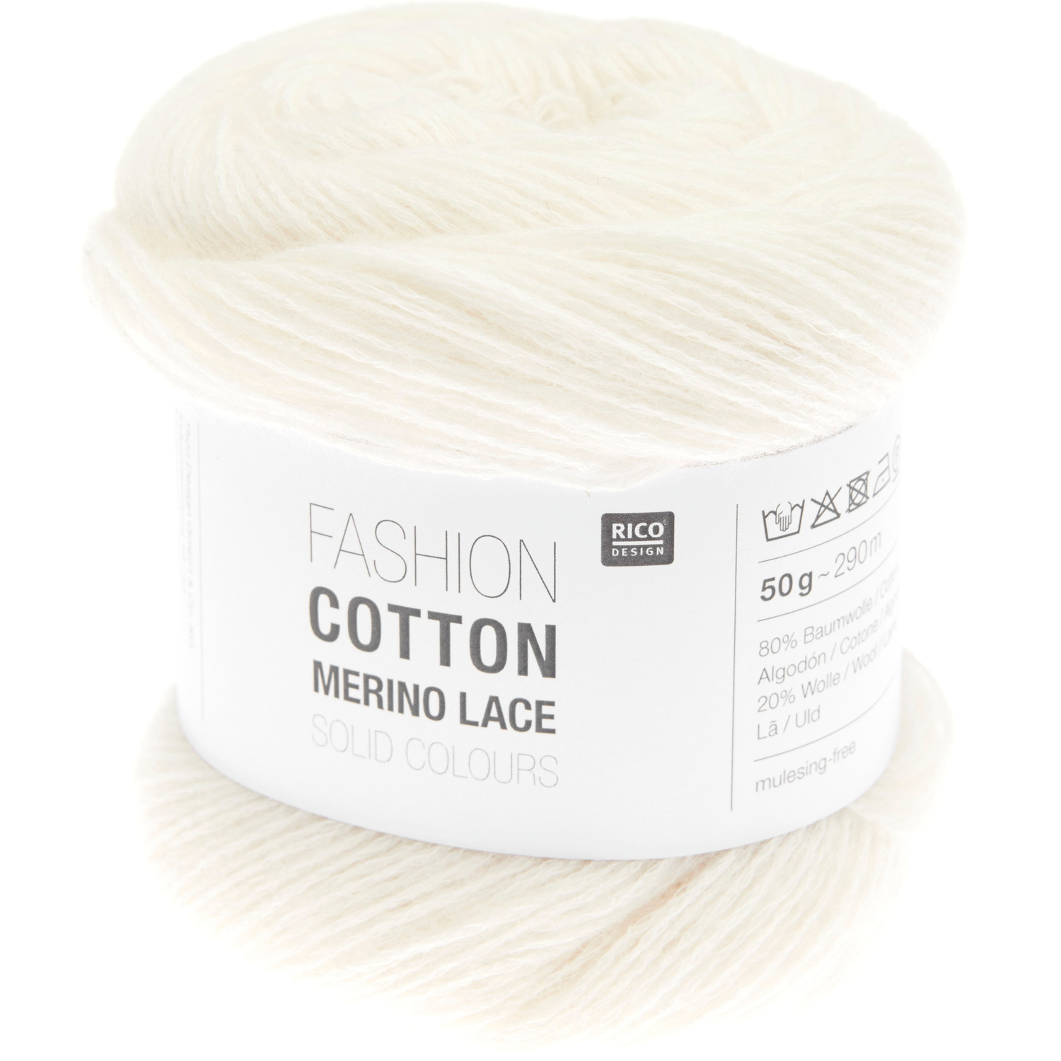 Fashion Cotton Merino Lace Solid Colours, cremefarbenes Garn von Rico Design, 50g, 290m. Ideal für Strickprojekte wie das Shirt Modell 08.