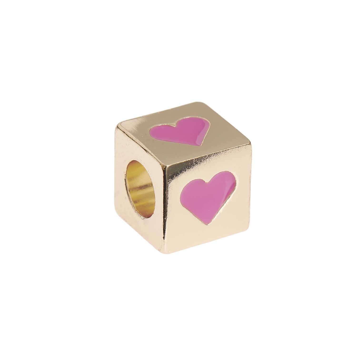 Itoshii - Ponii Beads Würfel mit Herzmotiv in Gold, gestaltet von Rico Design, zeigt rosa Herzen.