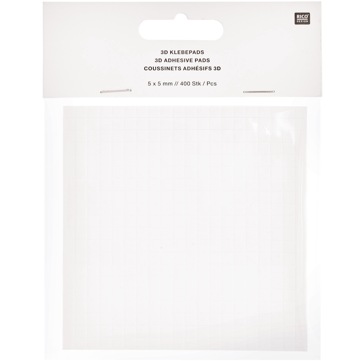 3D-Klebepads 0,5x0,5cm 400 Stück von Rico Design in einer transparenten Verpackung. Ideal für Bastelprojekte.