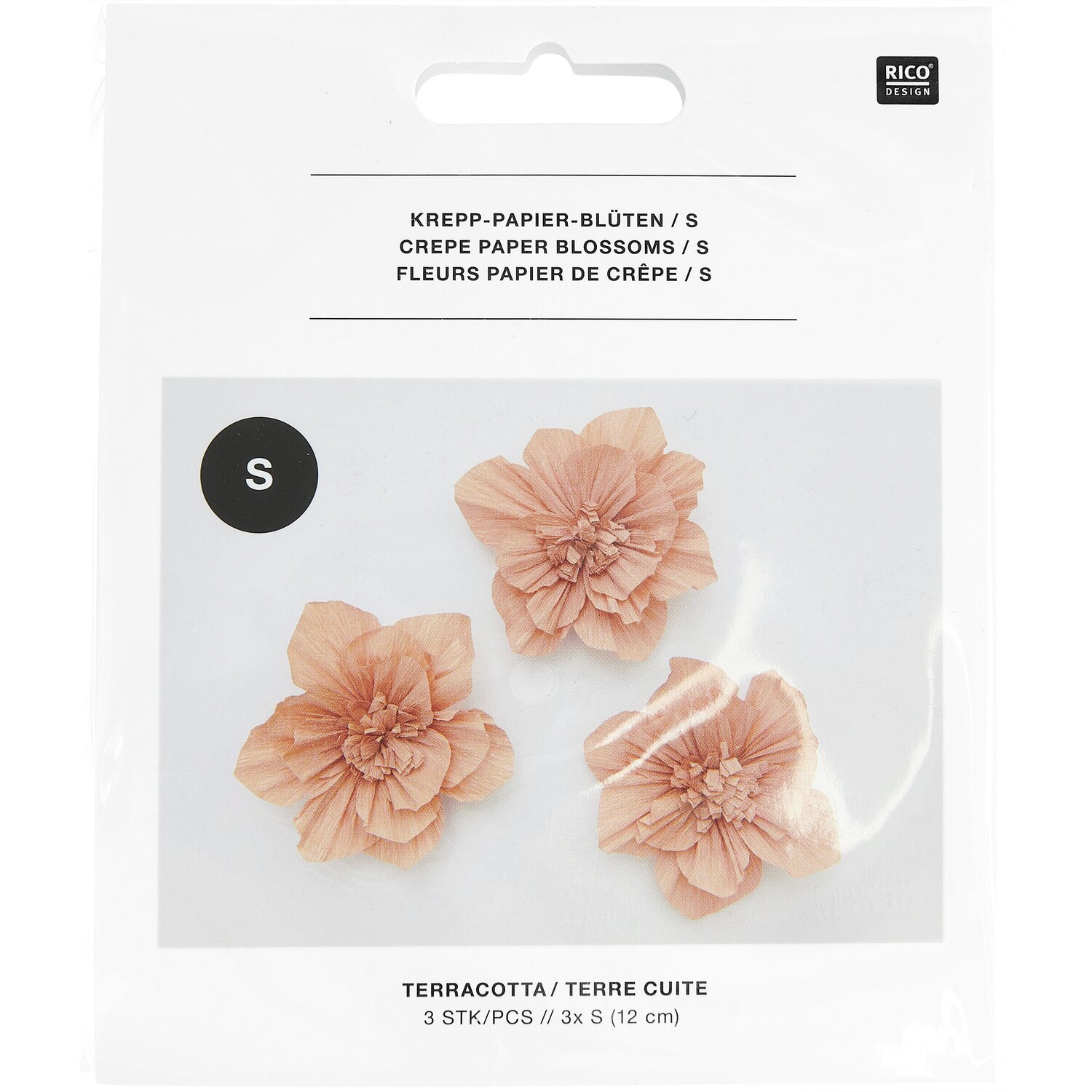 Krepppapier Blüten in Terracotta von Rico Design, drei Stück mit einem Durchmesser von 12 cm, dekorativ verpackt.