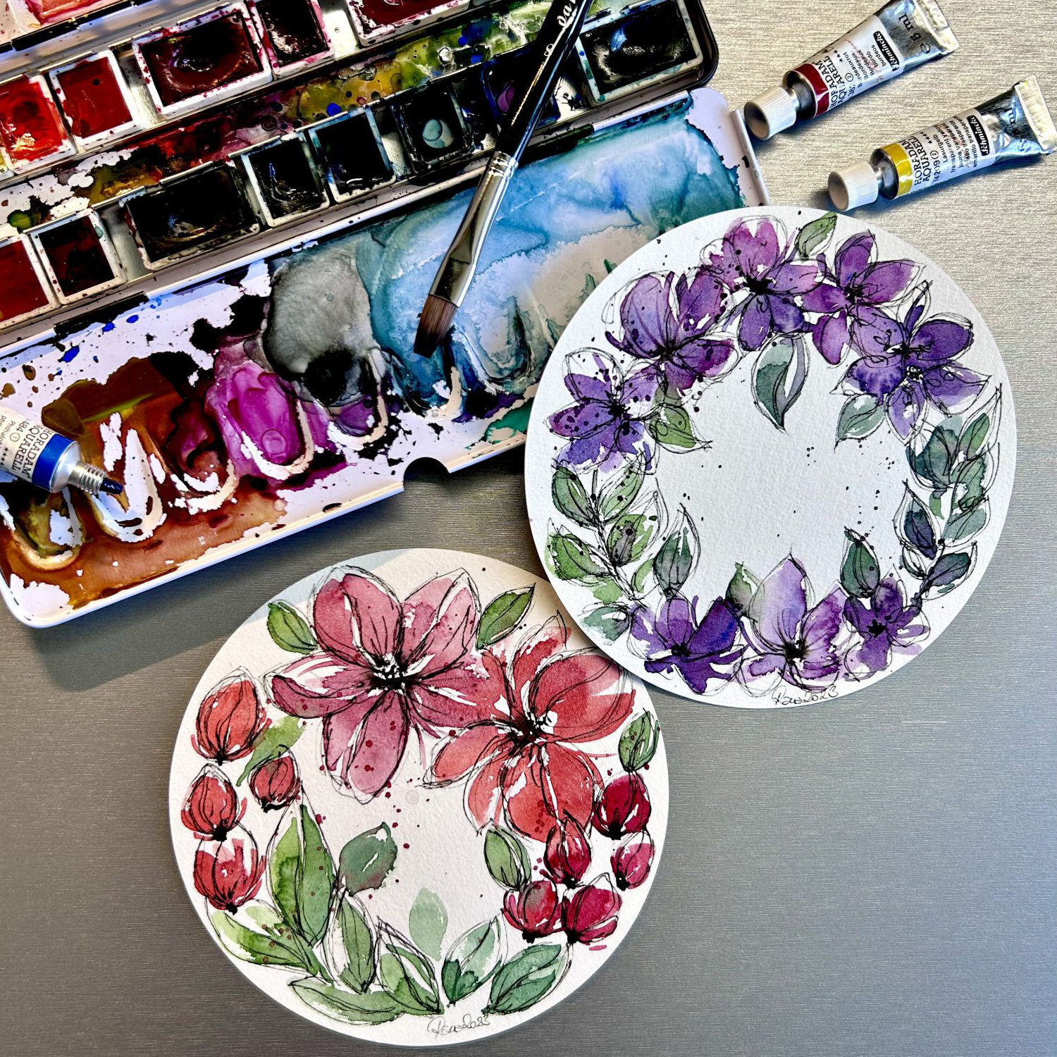 Aquarellpapier rund in Metallbox, Ø13cm, 30 Blatt, naturweiß, von Hahnemühle, ideal für Künstler.
