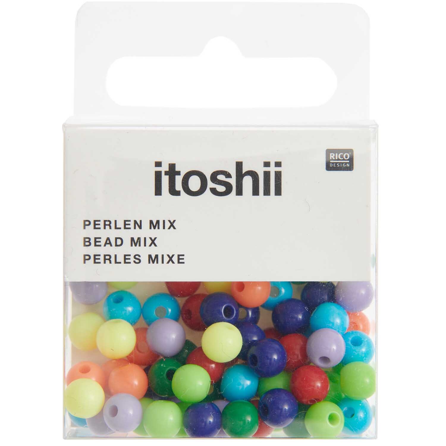Itoshii Kunststoffperlen rainbow classic Mix 6mm, 80 bunte Perlen in Verpackung von Rico Design.
