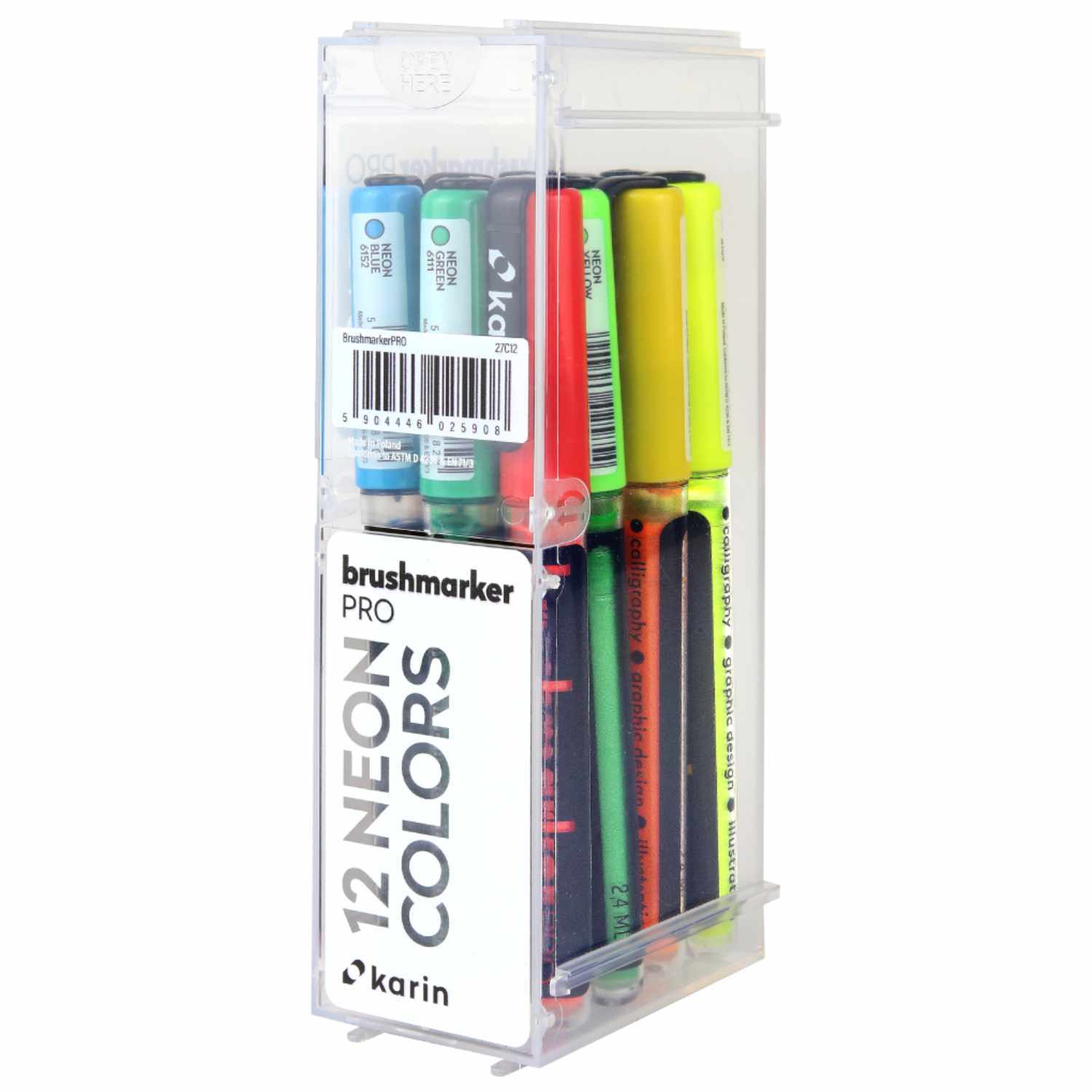 Brushmarker PRO Neon Colors Set mit 12 leuchtenden Farben in einer transparenten Box von Karin.
