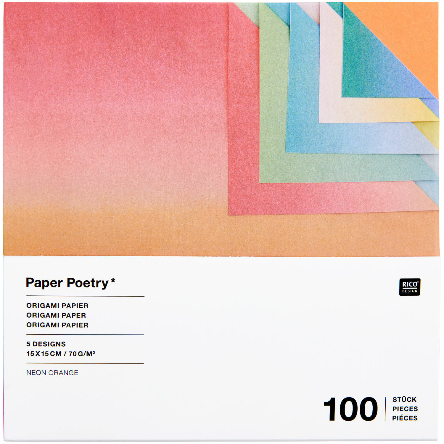 Paper Poetry Origami Linear Gradient, 100 Blatt, 15x15cm, in leuchtenden Neonfarben, ideal für kreative Bastelprojekte.