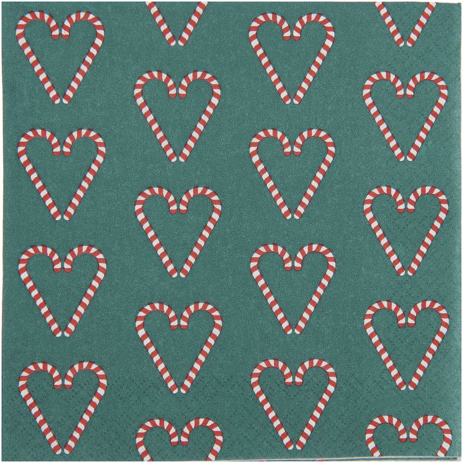 Servietten Zuckerstangen Herzen auf grünem Hintergrund, 33x33cm, 20 Stück, von Rico Design.
