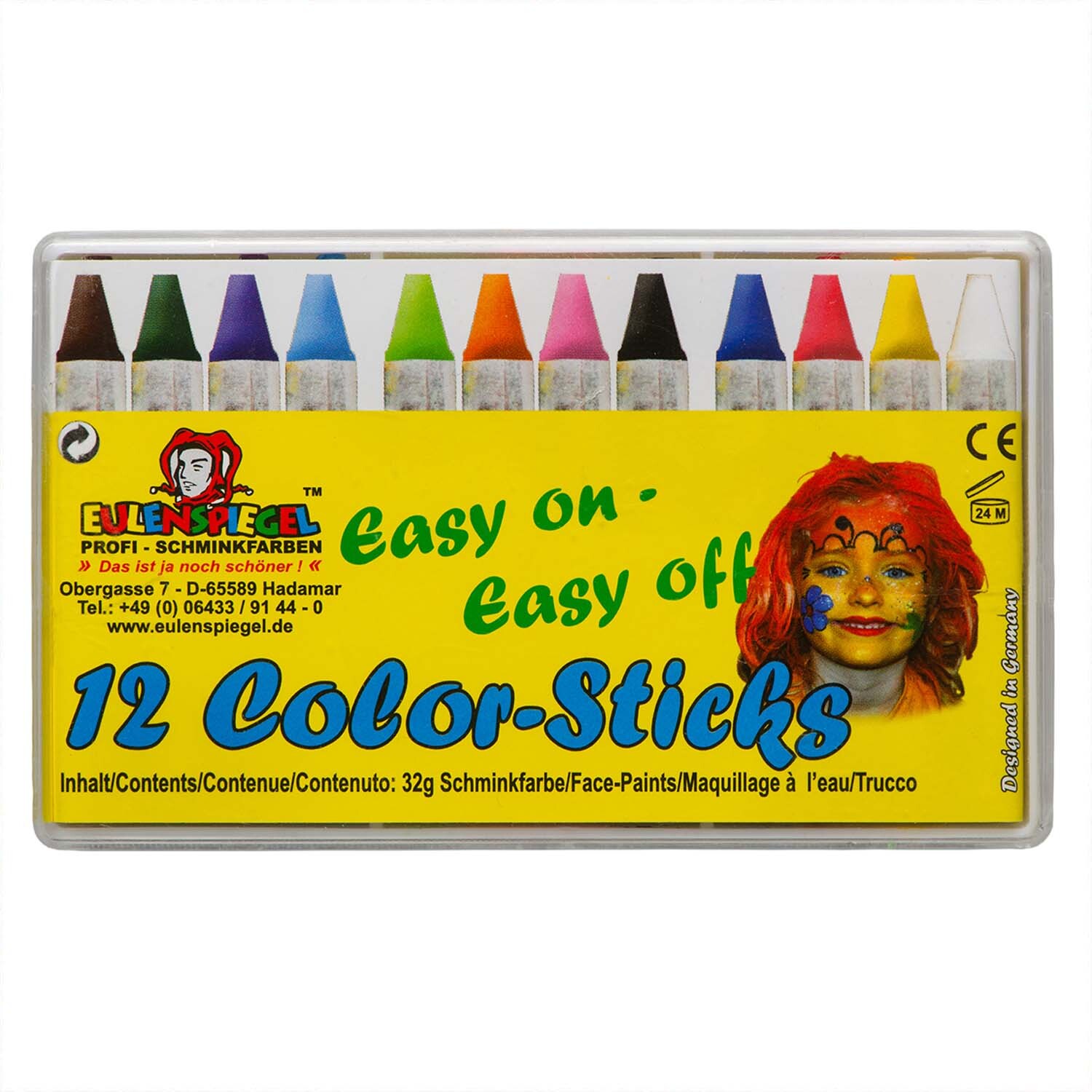 Schminkstifte Color-Sticks 12 Stück von Eulenspiegel, bunte Schminkfarben in einer gelben Verpackung. Ideal für kreative Gesichtsbemalung.