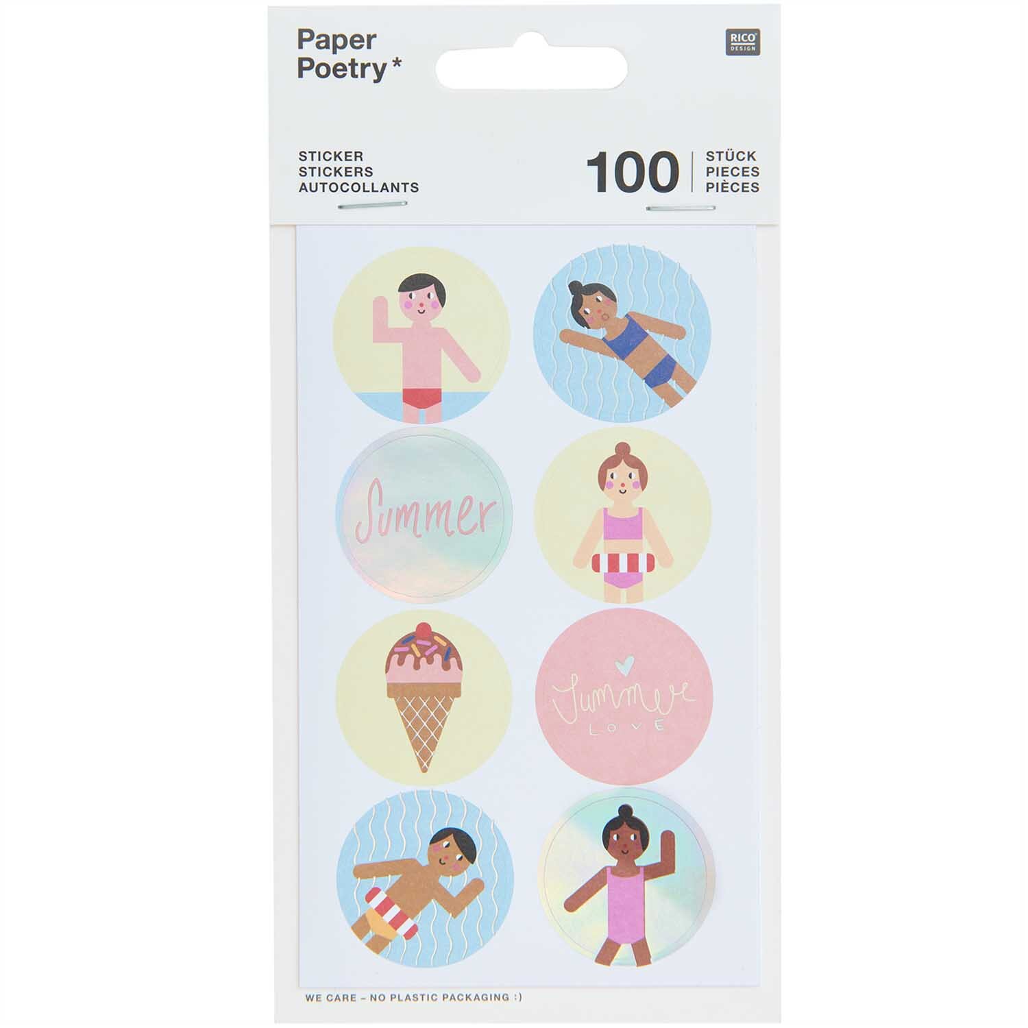 Paper Poetry Sticker Strand 4 Blatt zeigt bunte Sommermotive wie Eiscreme und schwimmende Figuren. Ideal für kreative Projekte.