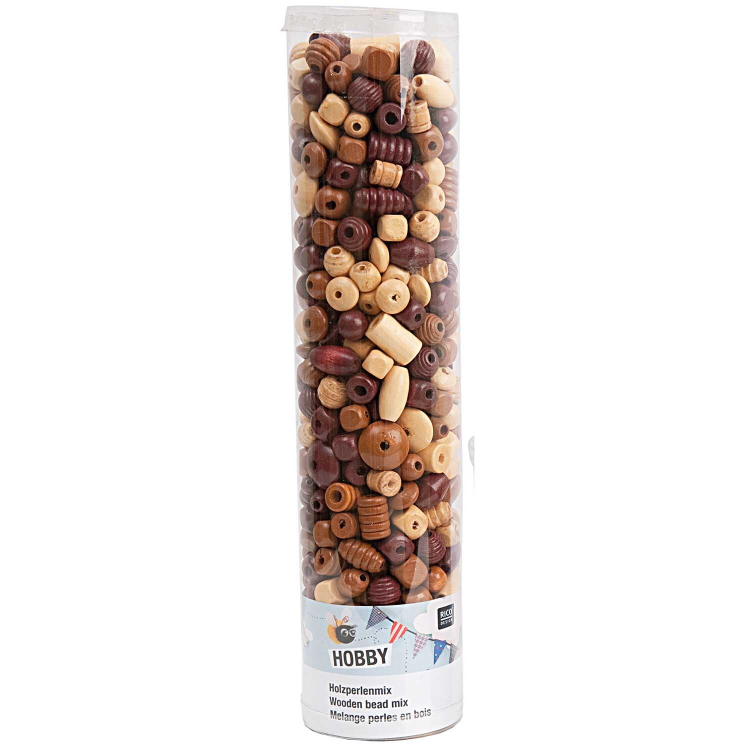 Holz-Perlen Mix natur 500g von Rico Design in einer transparenten Röhre, ideal für Bastelprojekte.