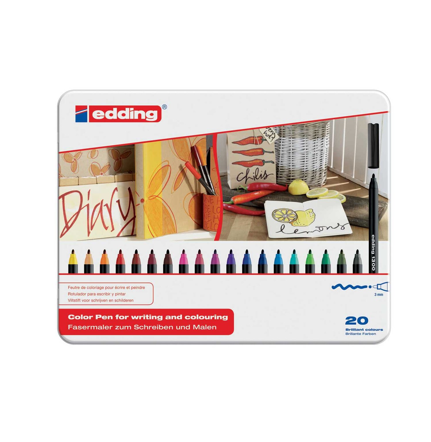 1300 im Blechetui 20er Set von edding: Ein Set aus 20 farbigen Stiften in einer dekorativen Box, ideal zum Schreiben und Malen.
