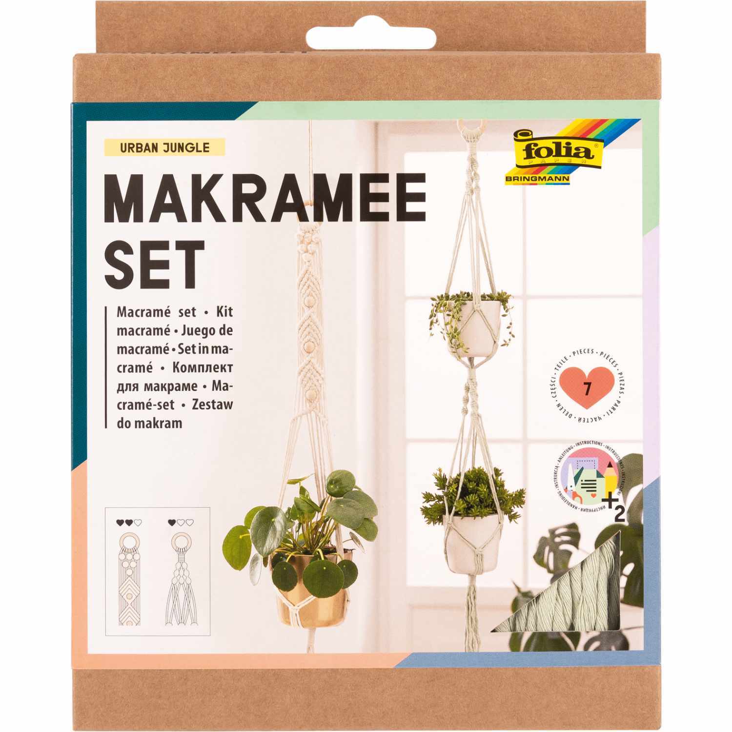 Makramee-Set Urban Jungle: 7-teiliges Set von folia mit Pflanzenhaltern, ideal für kreative Dekoration.