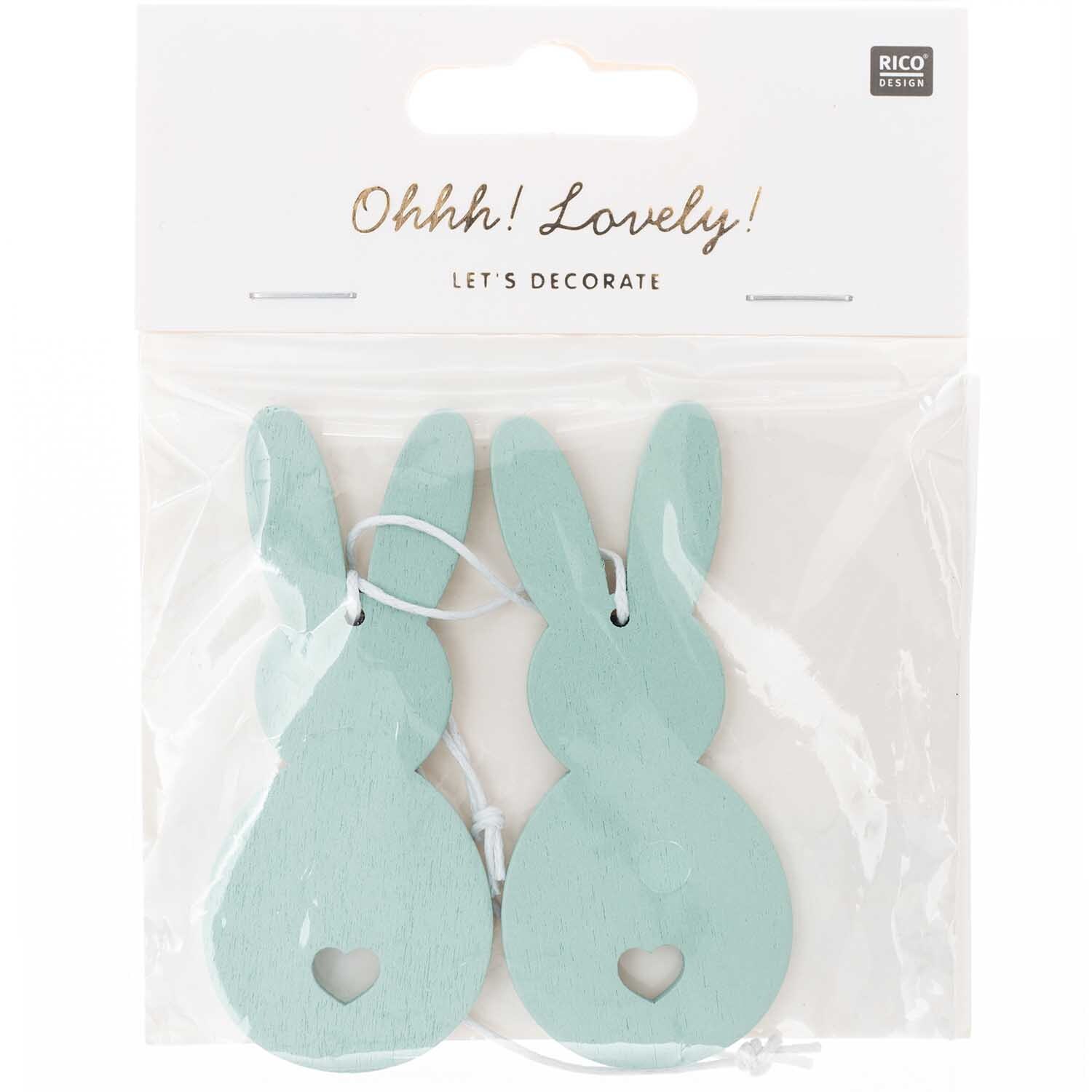 Holzhänger Hase 2 Stück: Zwei mintfarbene Hasenanhänger von Rico Design, ideal für Dekorationen.