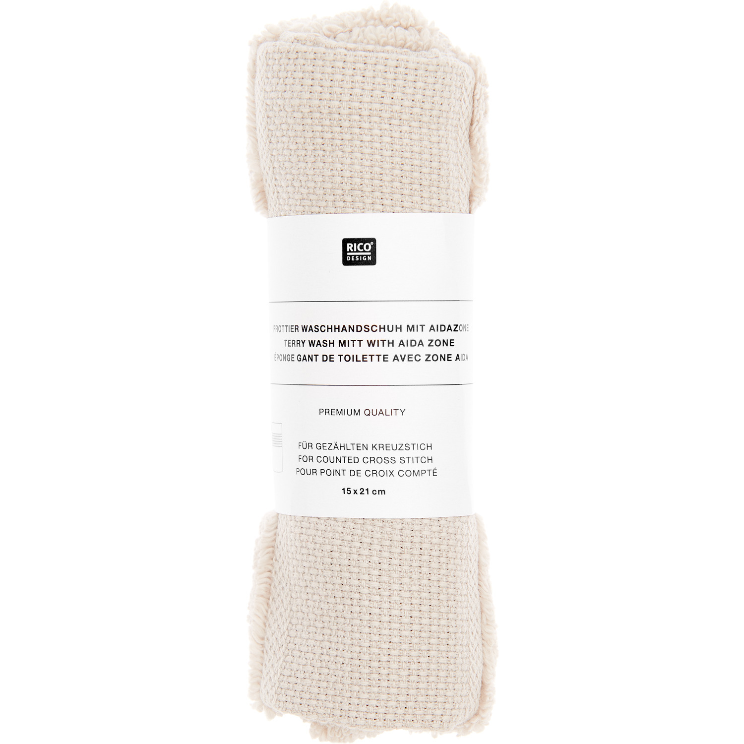 Waschhandschuh aus hellbeigem Stoff von Rico Design, 15x21cm, GOTS-zertifiziert, aufgerollt mit Etikett.