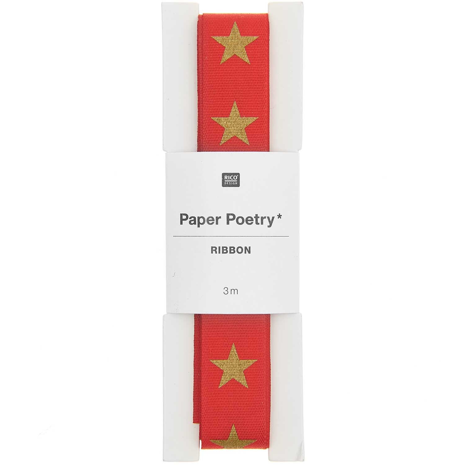 Paper Poetry Taftband mit goldenen Sternen auf rotem Hintergrund, 3m lang, von Rico Design.