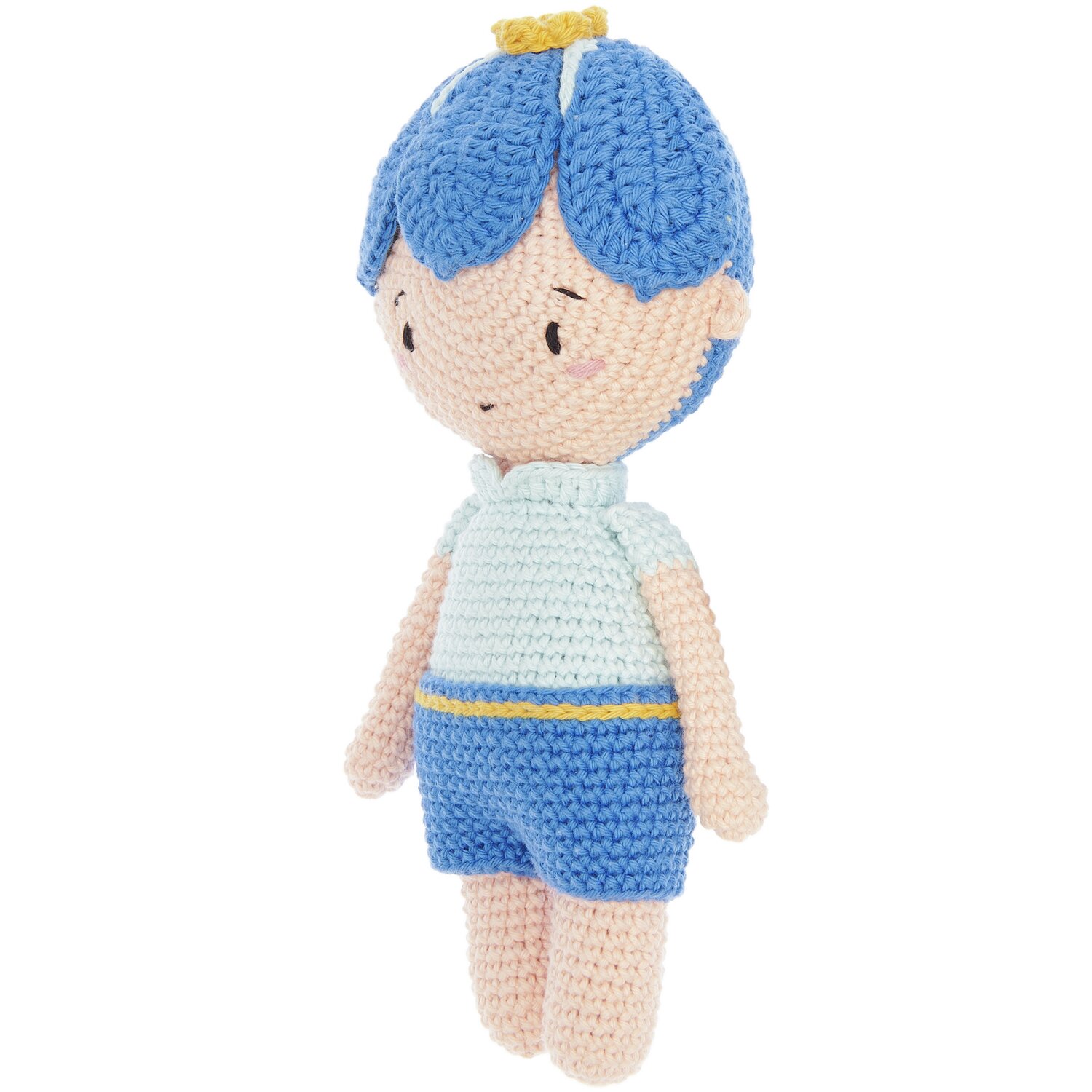 Creative Ricorumi dk: Gehäkelte Puppe mit blauem Haar und Kleidung, hergestellt von Rico Design.