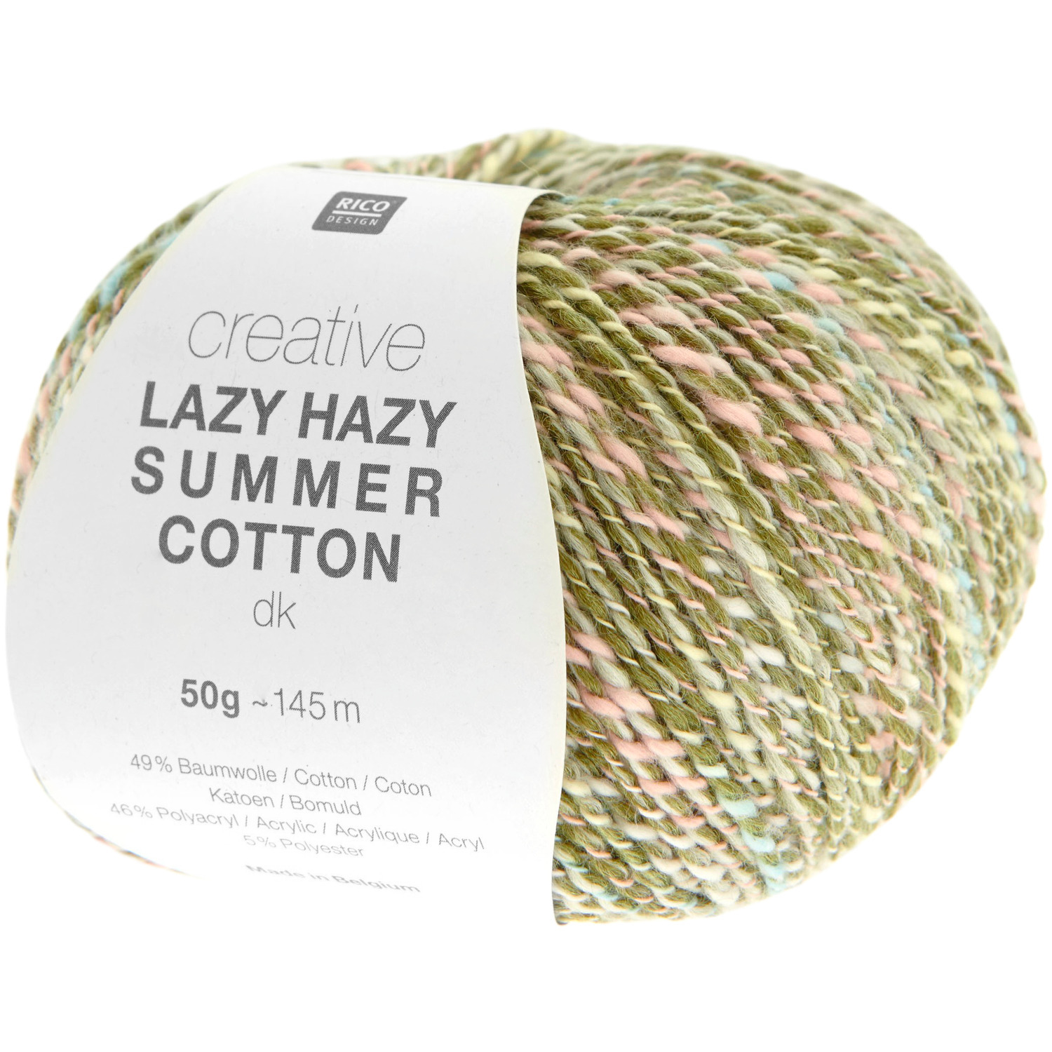 Creative Lazy Hazy Summer Cotton dk: Weiches Baumwollgarn in Oliv von Rico Design, ideal für leichte Sommerprojekte.