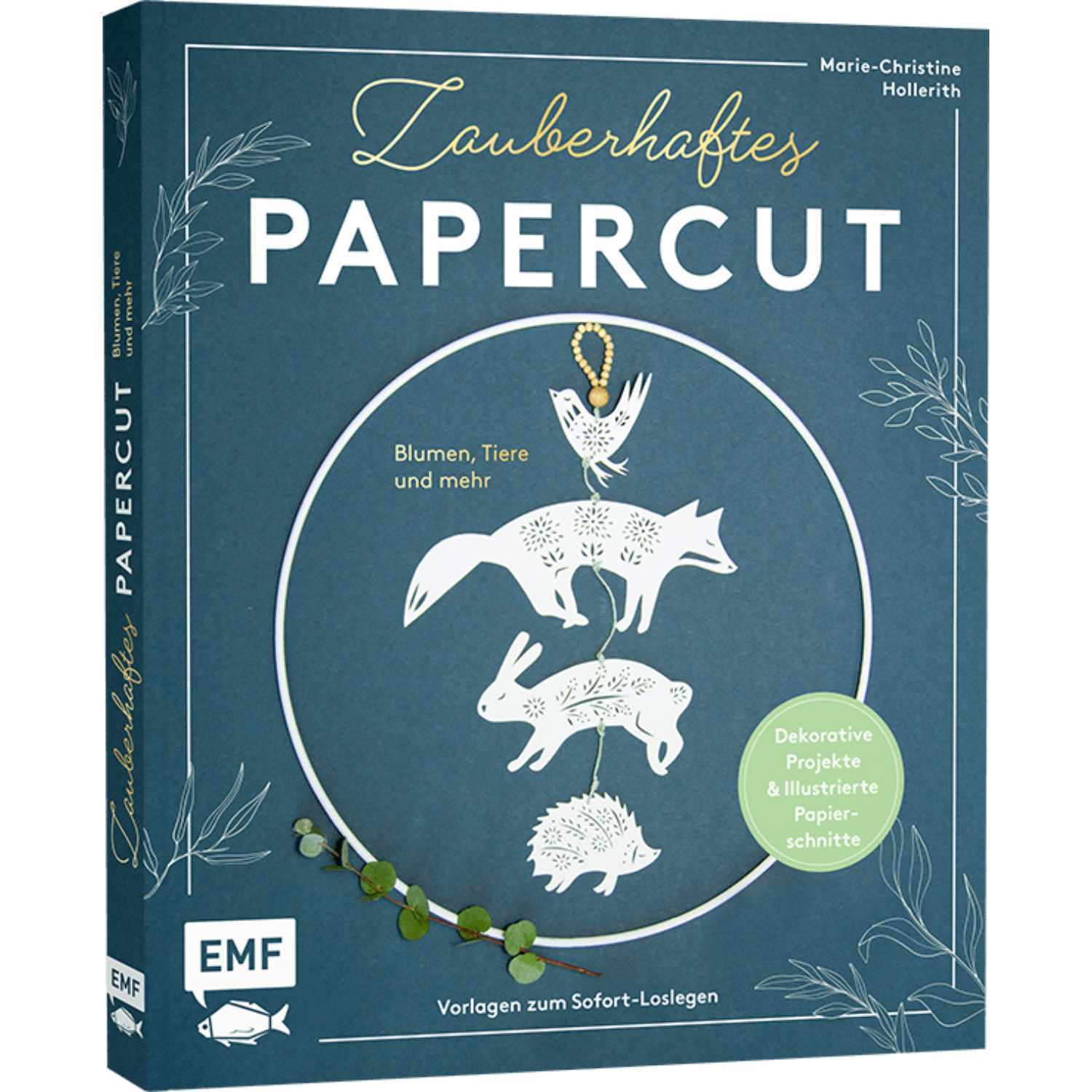 Zauberhaftes Papercut: Buchcover mit weißen Tiersilhouetten auf blauem Hintergrund, Marke EMF.
