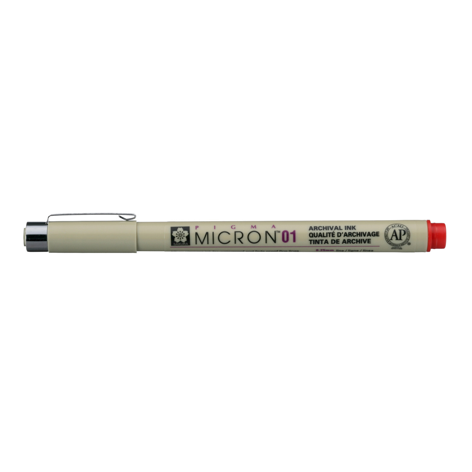 Pigment Liner Sakura Pigma Micron, roter Stift mit feiner 0,25mm Spitze, ideal für präzises Zeichnen.