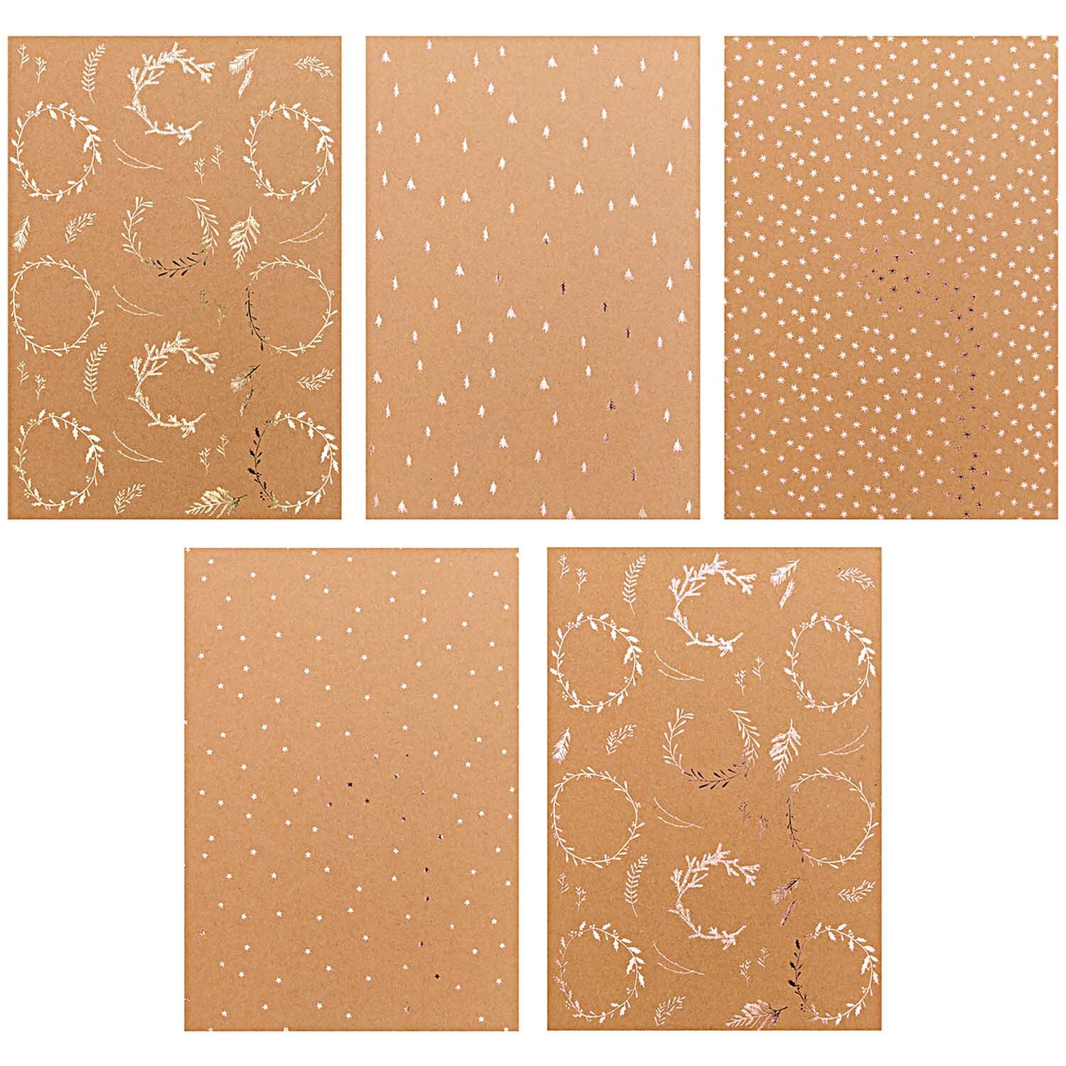 Paper Poetry Kraftpapier Block X-Mas mit Hot Foil, 20 Blatt, zeigt braune Blätter- und Punktmuster.