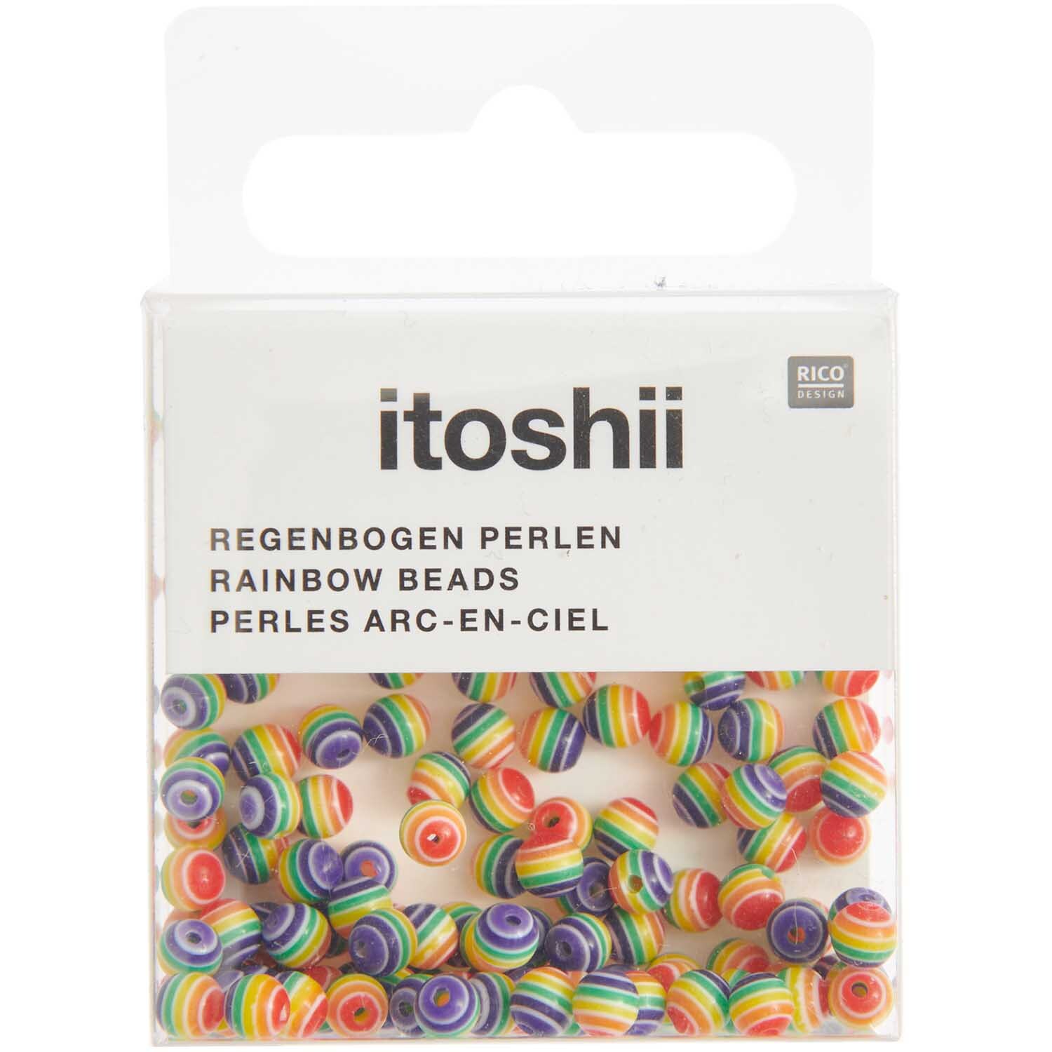 Itoshii Regenbogen Perlen 4mm, 120 Stück in bunter Verpackung von Rico Design, ideal für kreative Bastelprojekte.