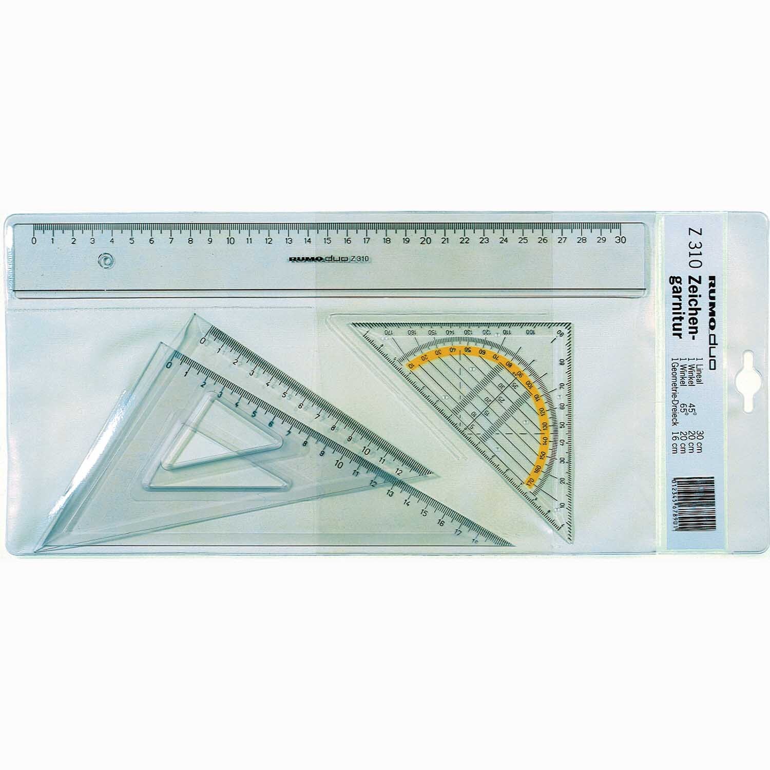 Zeichengarnitur von RUMOLD mit Lineal, Geodreieck und Winkelmesser in einer transparenten Verpackung. Ideal für präzises Zeichnen und Messen.