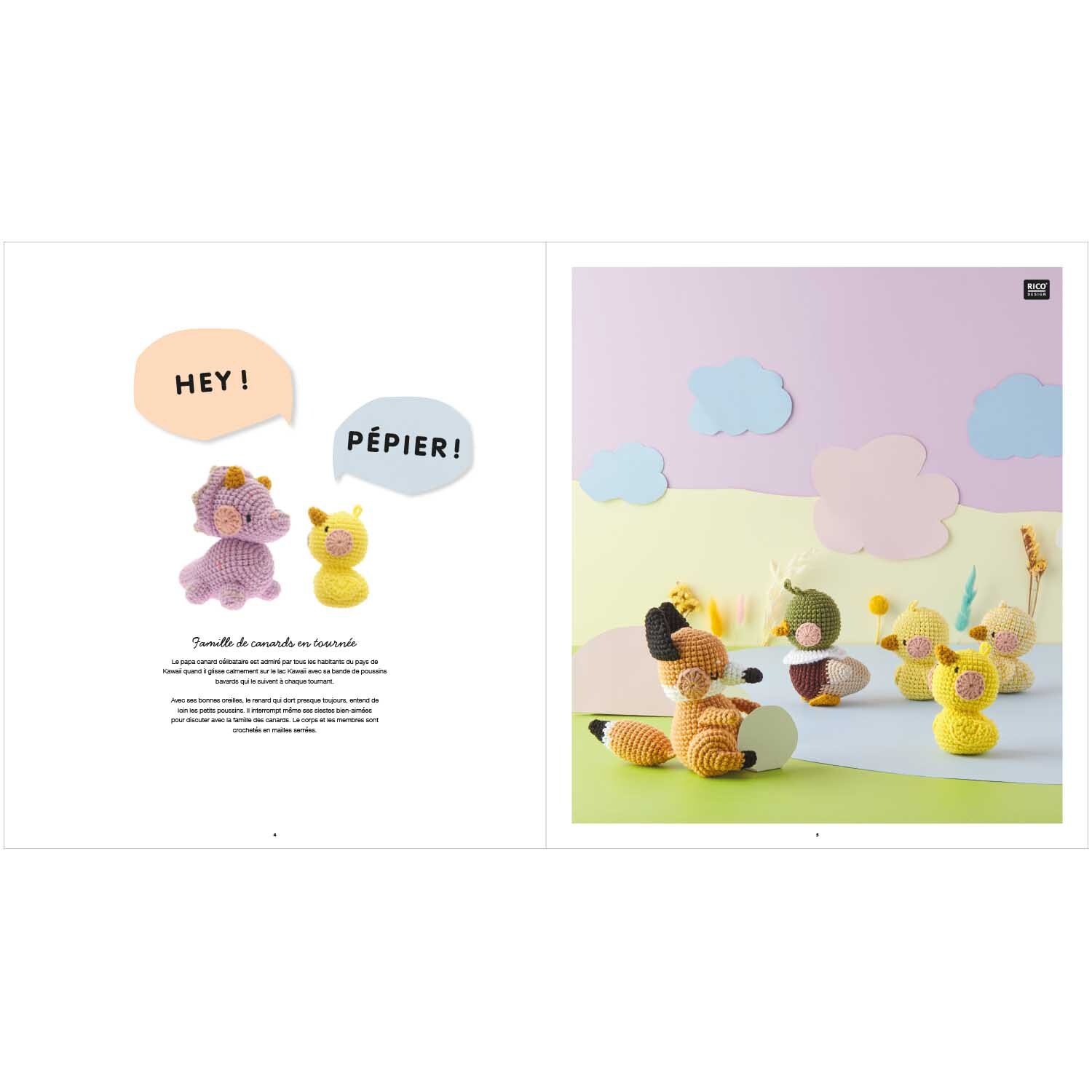 Ricorumi Cute, Cuter, Kawaii französisch: Bunte, gehäkelte Figuren von Rico Design auf pastellfarbenem Hintergrund.