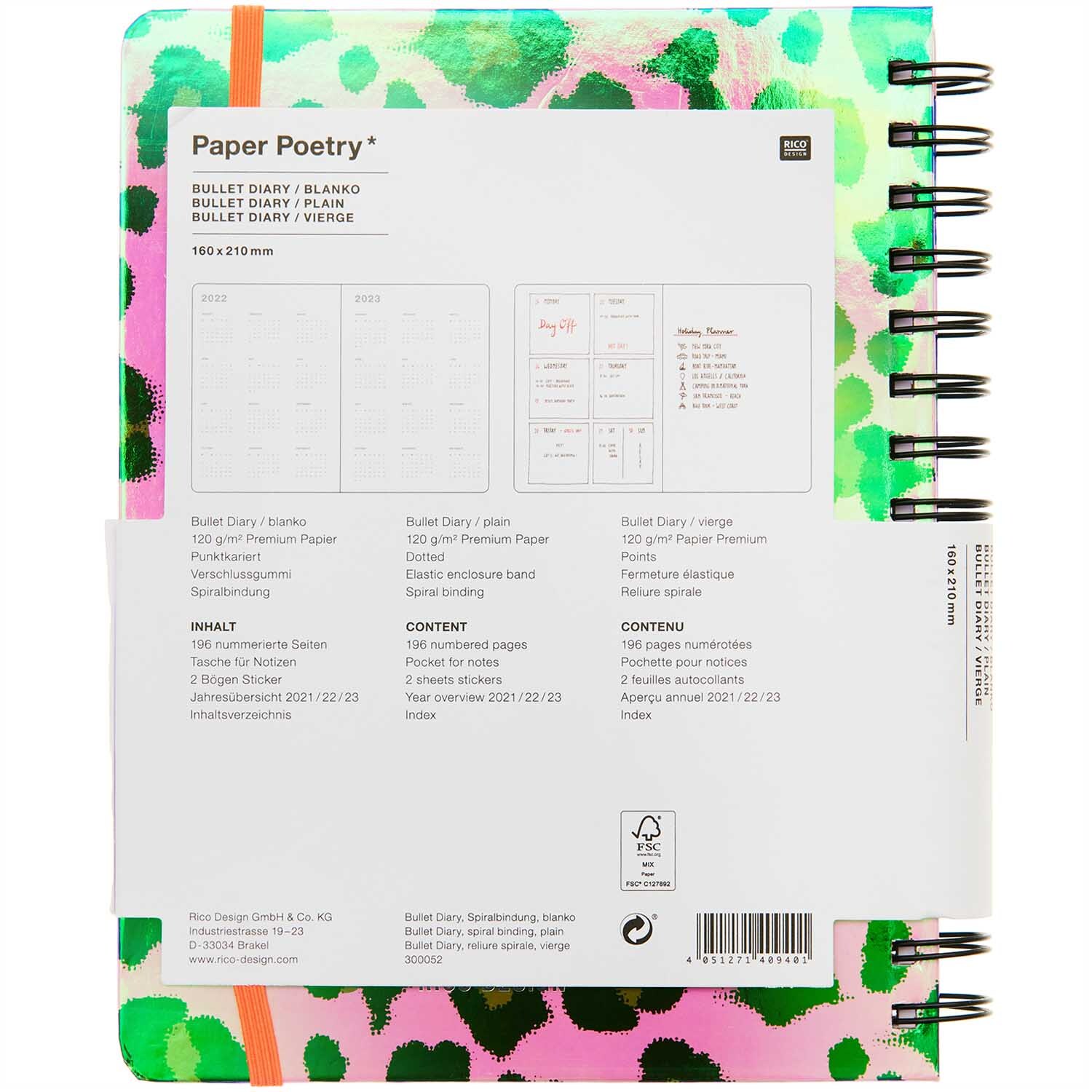 Paper Poetry Bullet Diary mit Spiralbindung, zeigt ein buntes Leopardenmuster, Marke Rico Design.