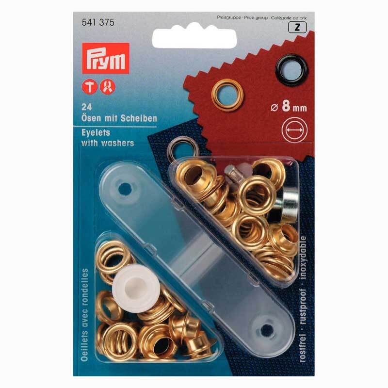 Ösen mit Scheiben gold 8mm 24 Stück von Prym, verpackt in einer blauen Box mit transparentem Deckel.