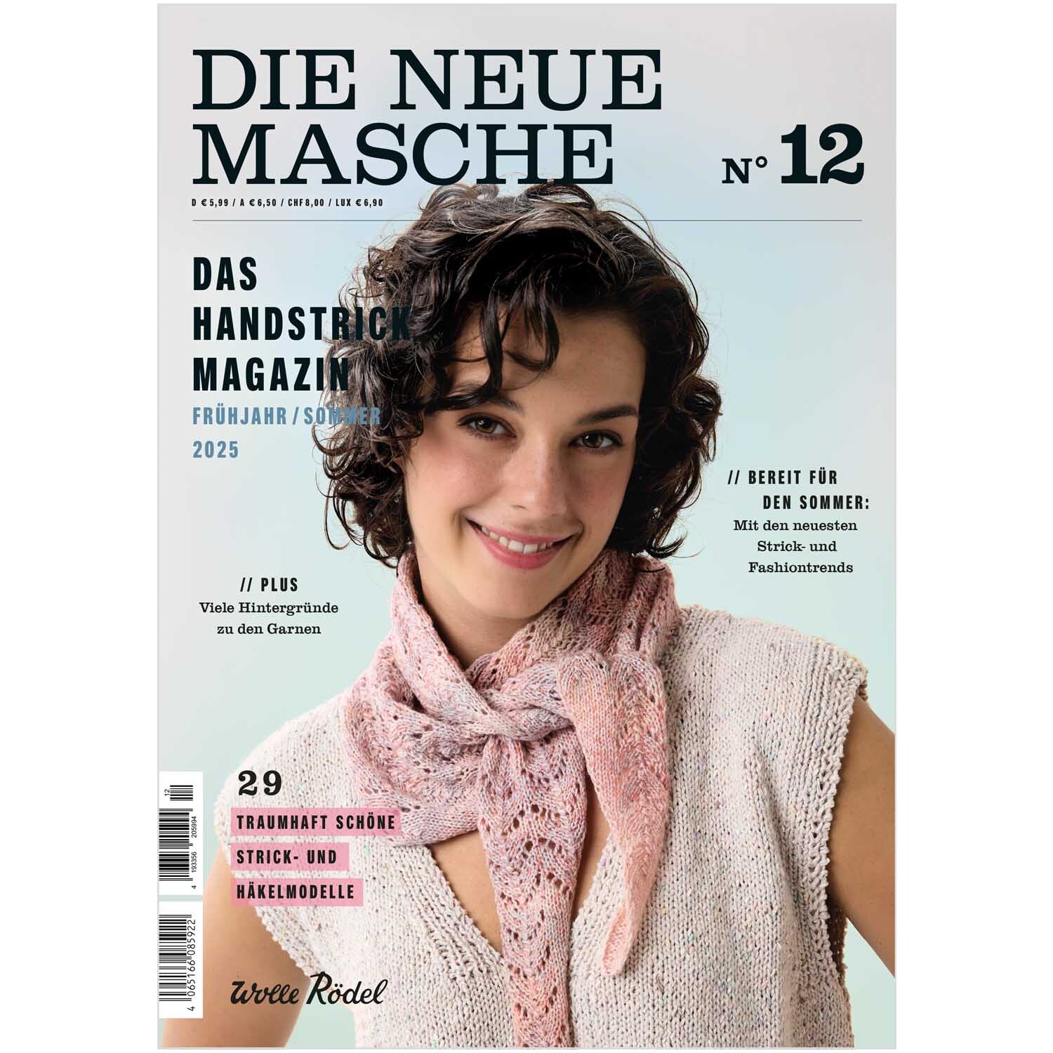 Strickset Pullunder Modell 13 aus Die Neue Masche No. 12: Frau trägt rosa Pullunder und Schal, lächelnd auf Magazincover.