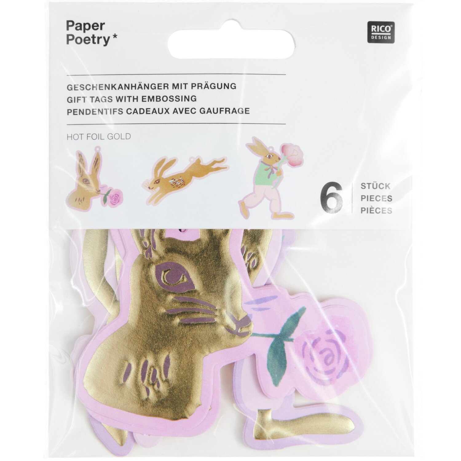 Paper Poetry Geschenkanhänger La Vie en Rose Hasen 6 Stück von Rico Design