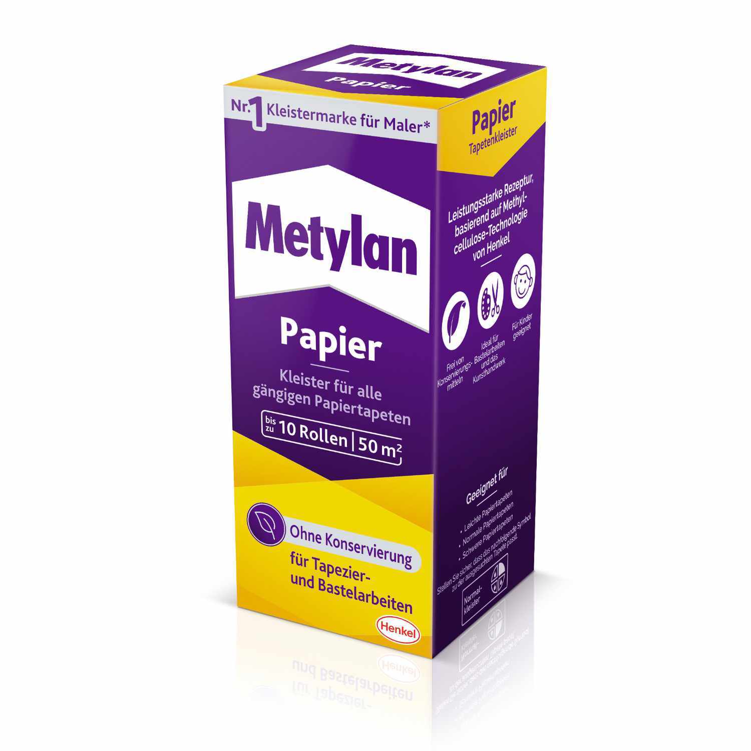 Tapetenkleister für Papier 125g von Metylan in lila Verpackung, ideal für Papiertapeten.