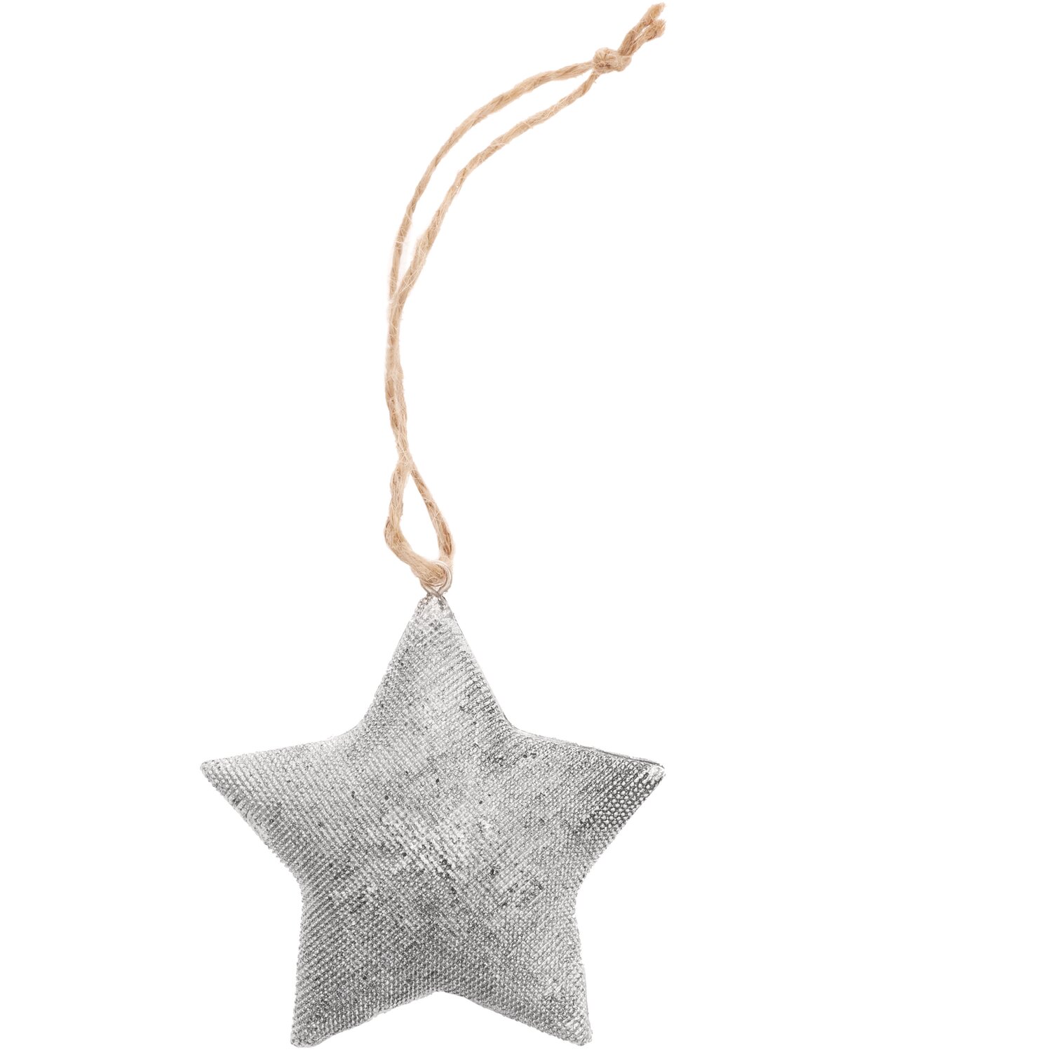 Hänger Stern aus Polyresin 5x8,5cm, silber, von Rico Design. Dekorativer Sternanhänger mit Juteband.