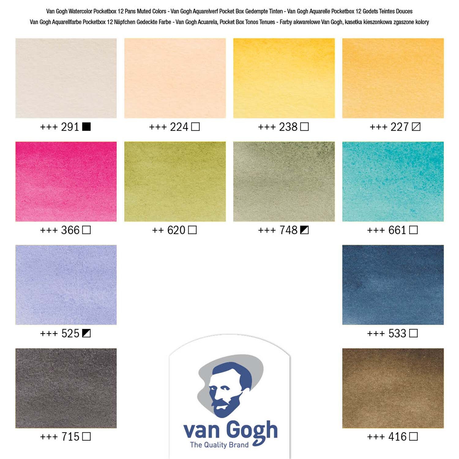 Aquarell Set gedeckte Farben 12 Näpfchen zeigt eine Palette von 12 van Gogh Aquarellfarben.