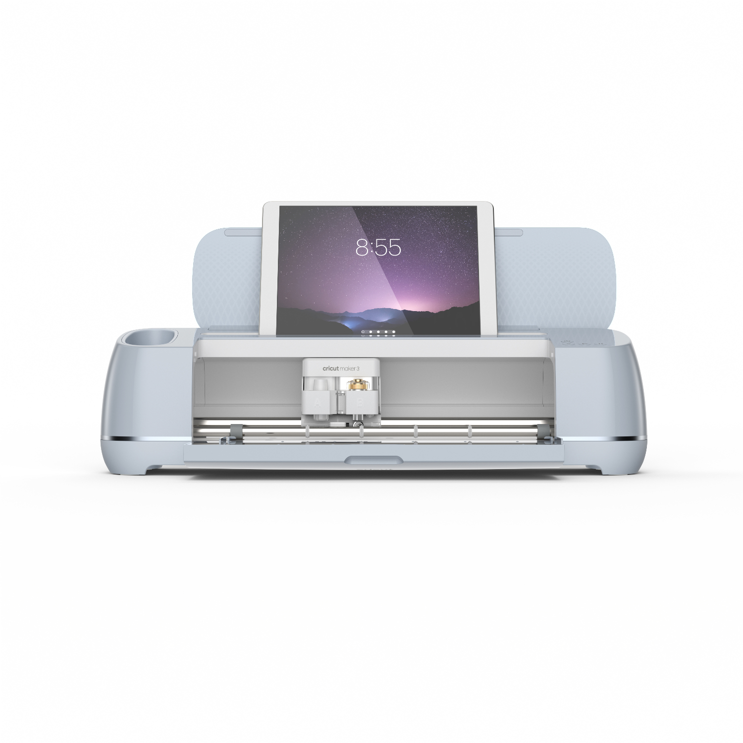 Maker 3 Schneideplotter von Cricut in elegantem Design mit integriertem Tablet-Halter. Ideal für präzises Schneiden und kreative Projekte.